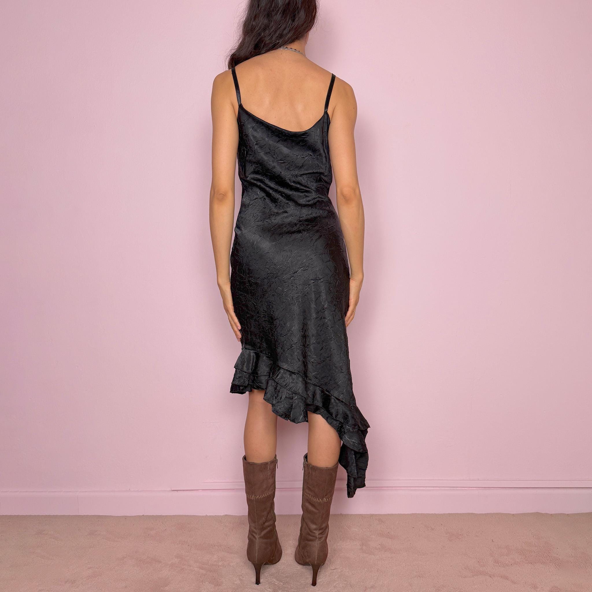 Vintage Y2K Black Dress Asymmetric Ruffle Slip Avant Garde Party 2000s Size S