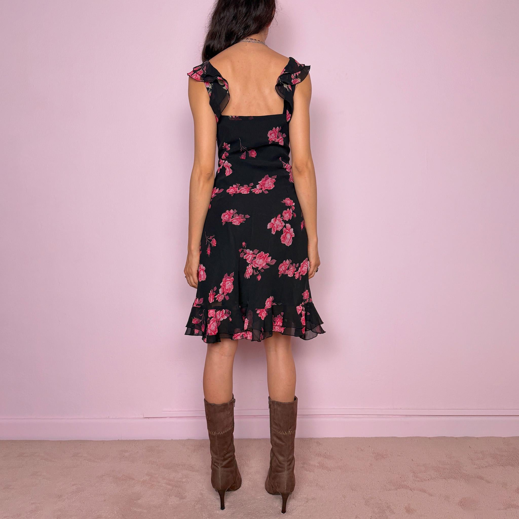 Vintage Y2K Black Dress Rose Ruffle Asymmetric Summer Coquette Fairy 2000s Size M