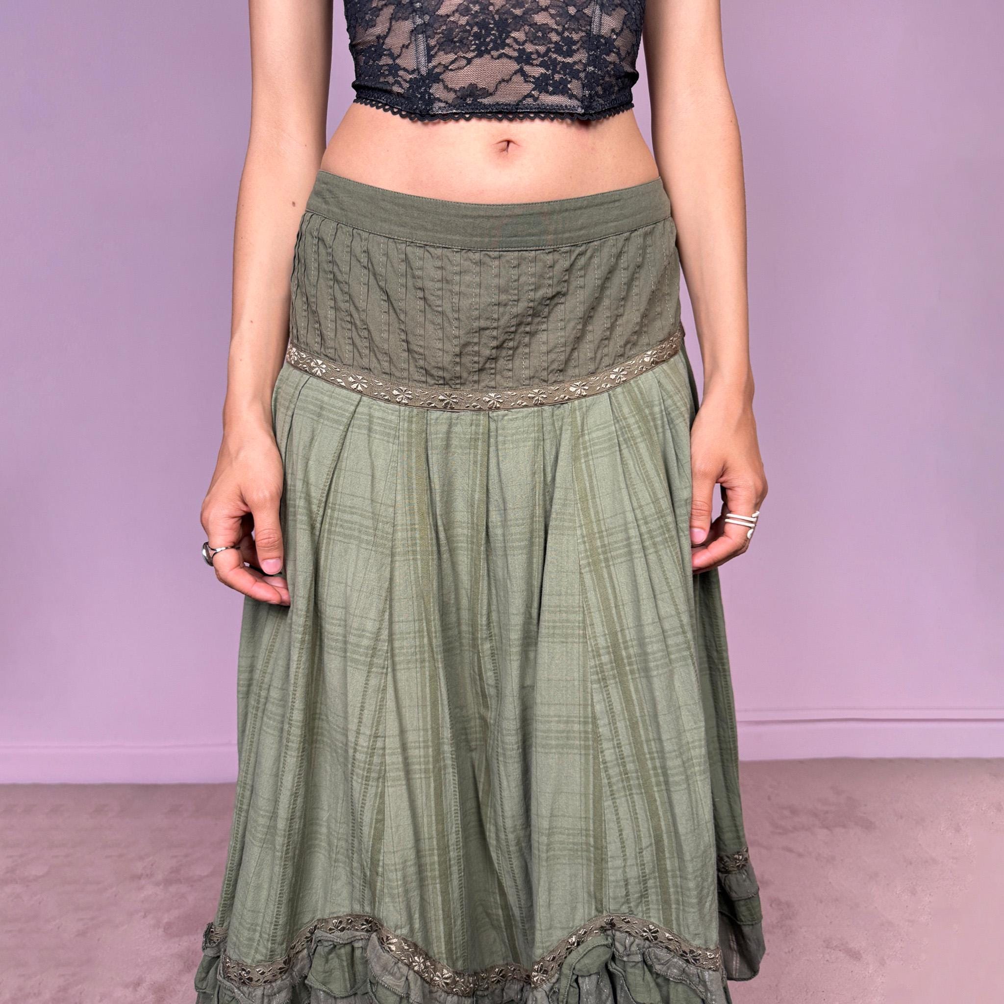 Vintage Y2K Midi Skirt Olive Khaki Boho Ruffle Cotton Peasant Fairy 2000s Size L