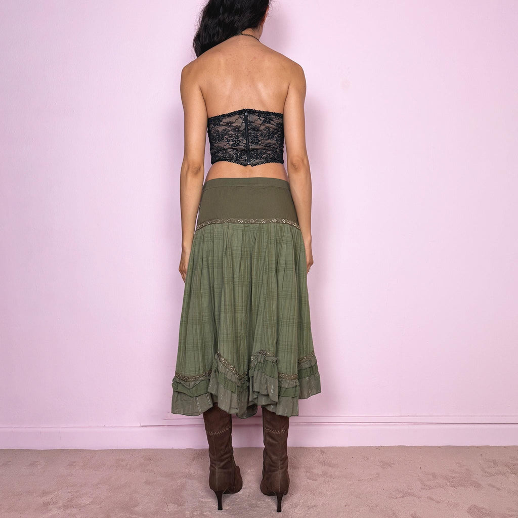 Vintage Y2K Midi Skirt Olive Khaki Boho Ruffle Cotton Peasant Fairy 2000s Size L