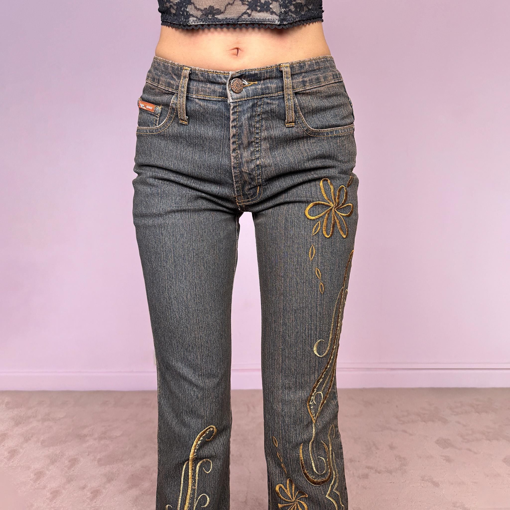 Vintage Y2K Flared Jeans Dark Wash Floral Embroidered Western 2000s Size XS