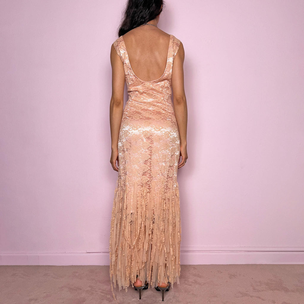 Vintage Y2K Maxi Dress Pink Peach Lace Fringe Formal Party 2000s Size L