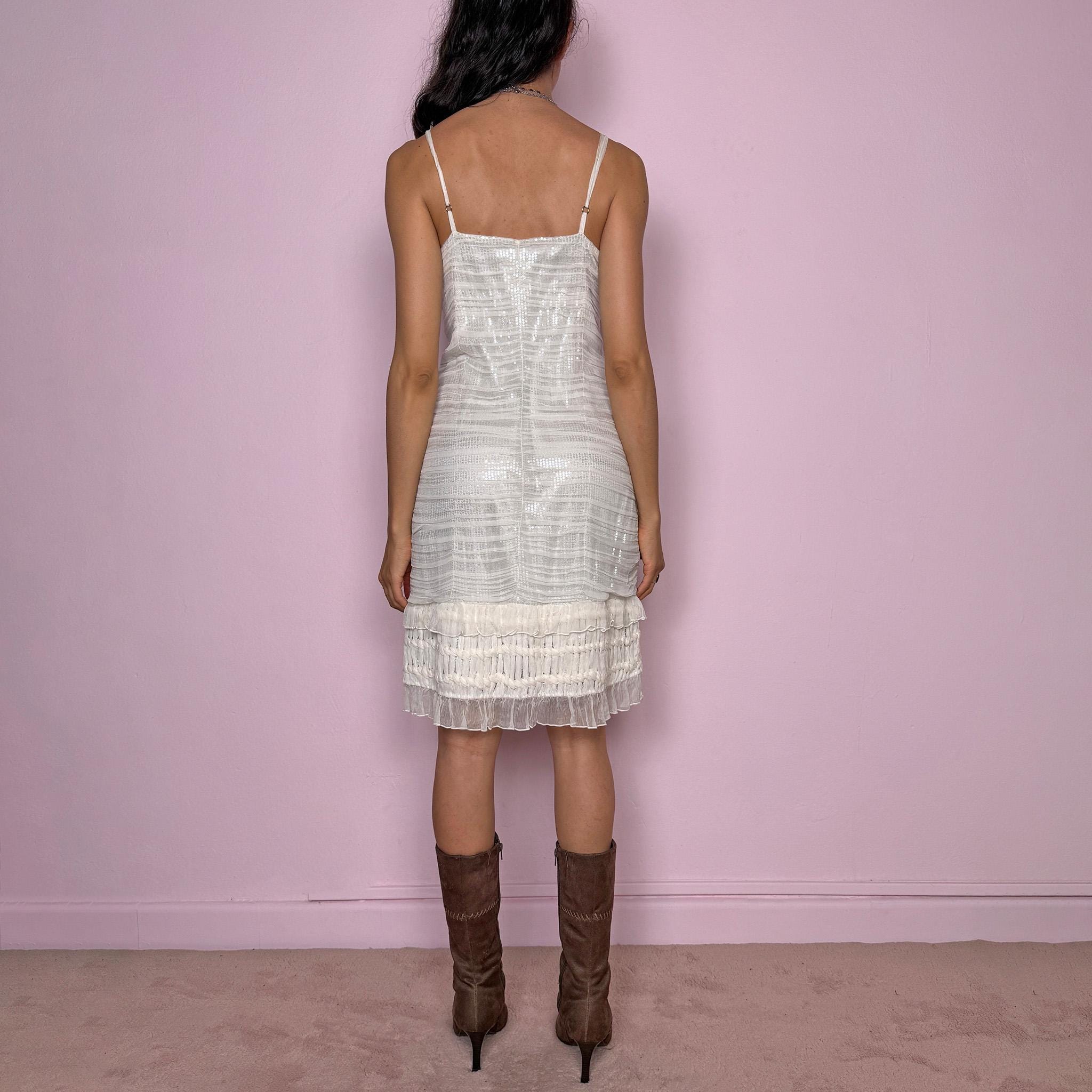Vintage Y2K White Dress Guess Marciano Ruffle Sequin Party Summer 2000s Size L