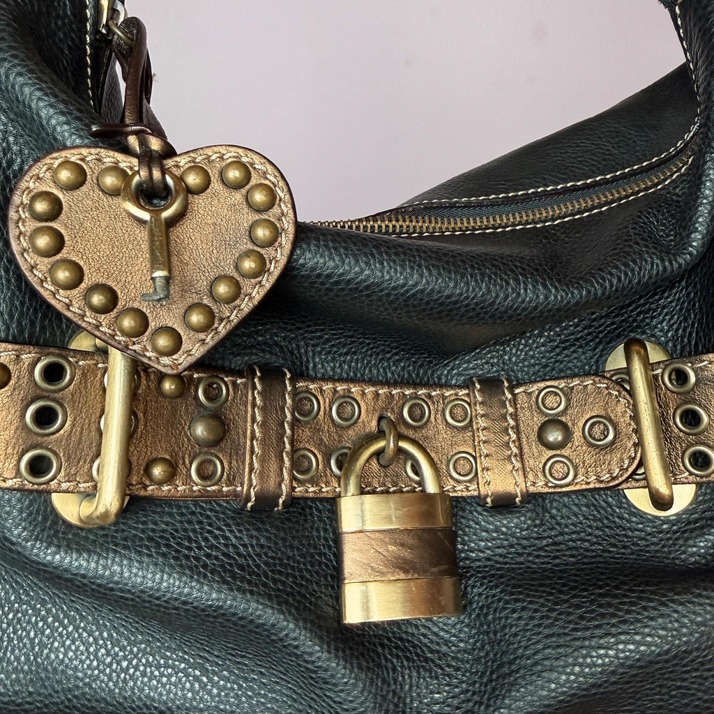 Vintage Y2K Black Shoulder Bag Leather Padlock Heart Charm Grunge 2000s