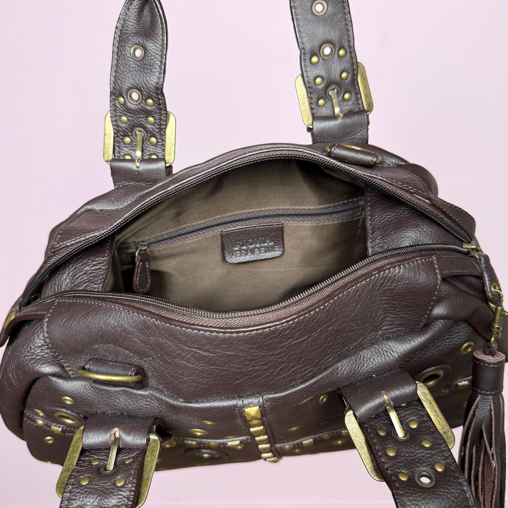 Vintage Y2K Brown Shoulder Bag Leather Studded Bowling Grunge 2000s