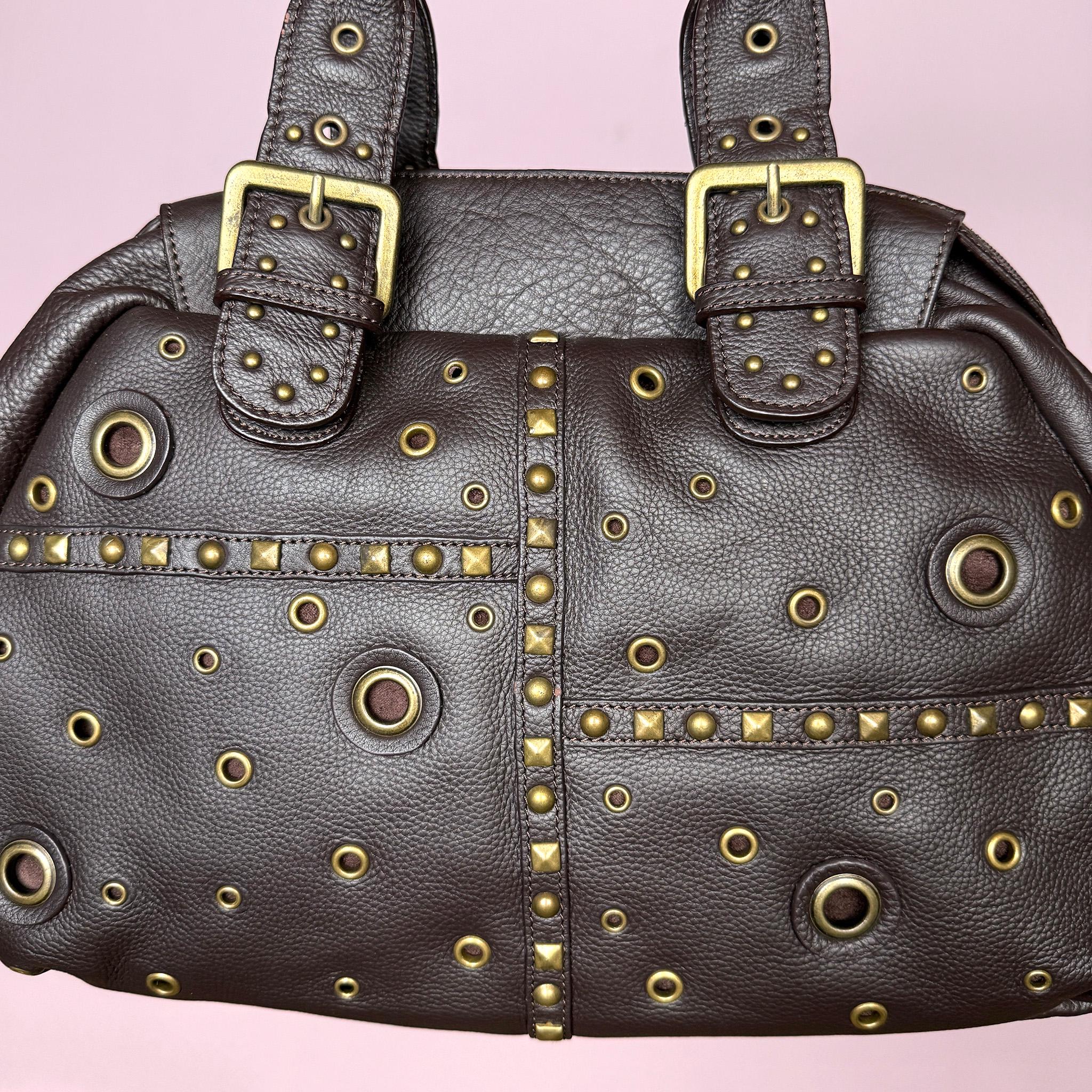 Vintage Y2K Brown Shoulder Bag Leather Studded Bowling Grunge 2000s