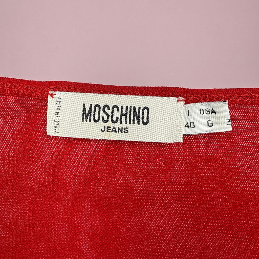 Vintage Y2K Red Mesh Top Moschino Floral Appliqué Party 2000s Size S