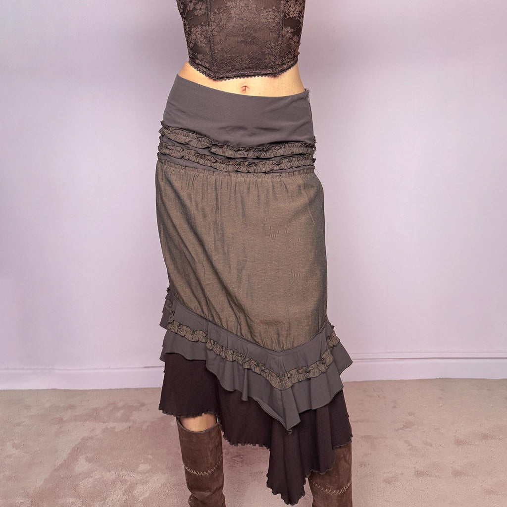 Vintage Y2K Brown Skirt Asymmetric Ruffle Mesh Midi Boho Fairy 2000s Size S