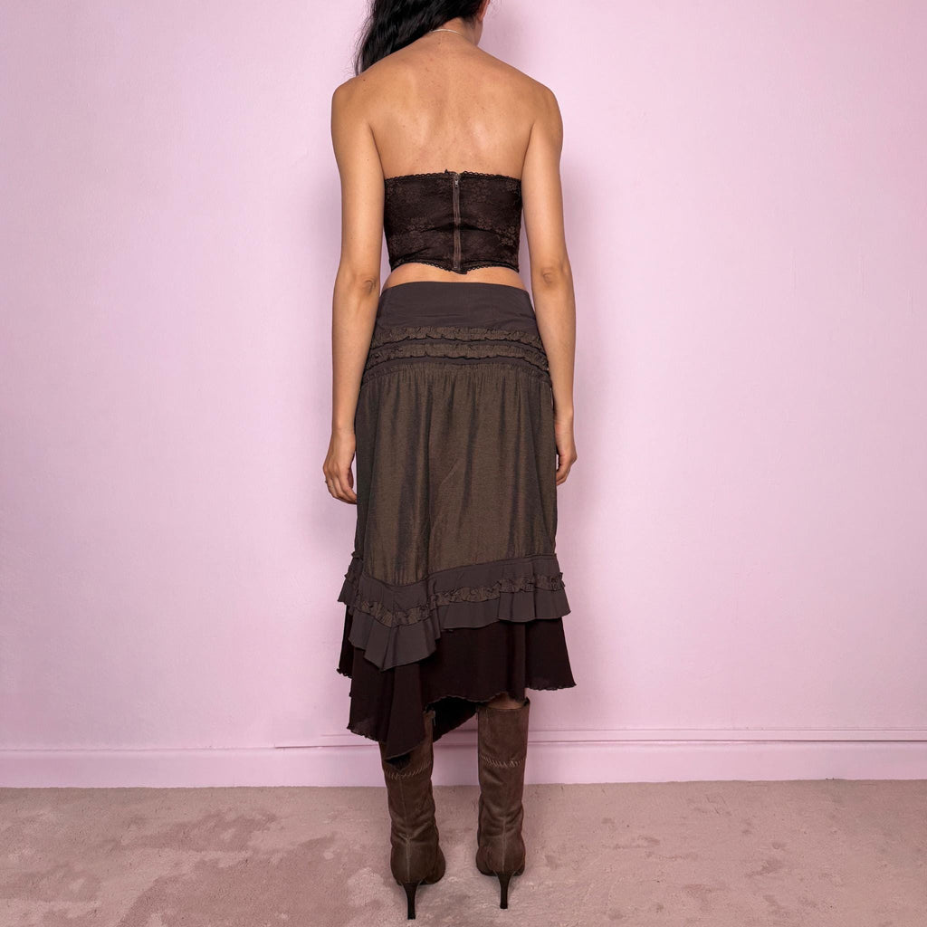 Vintage Y2K Brown Skirt Asymmetric Ruffle Mesh Midi Boho Fairy 2000s Size S