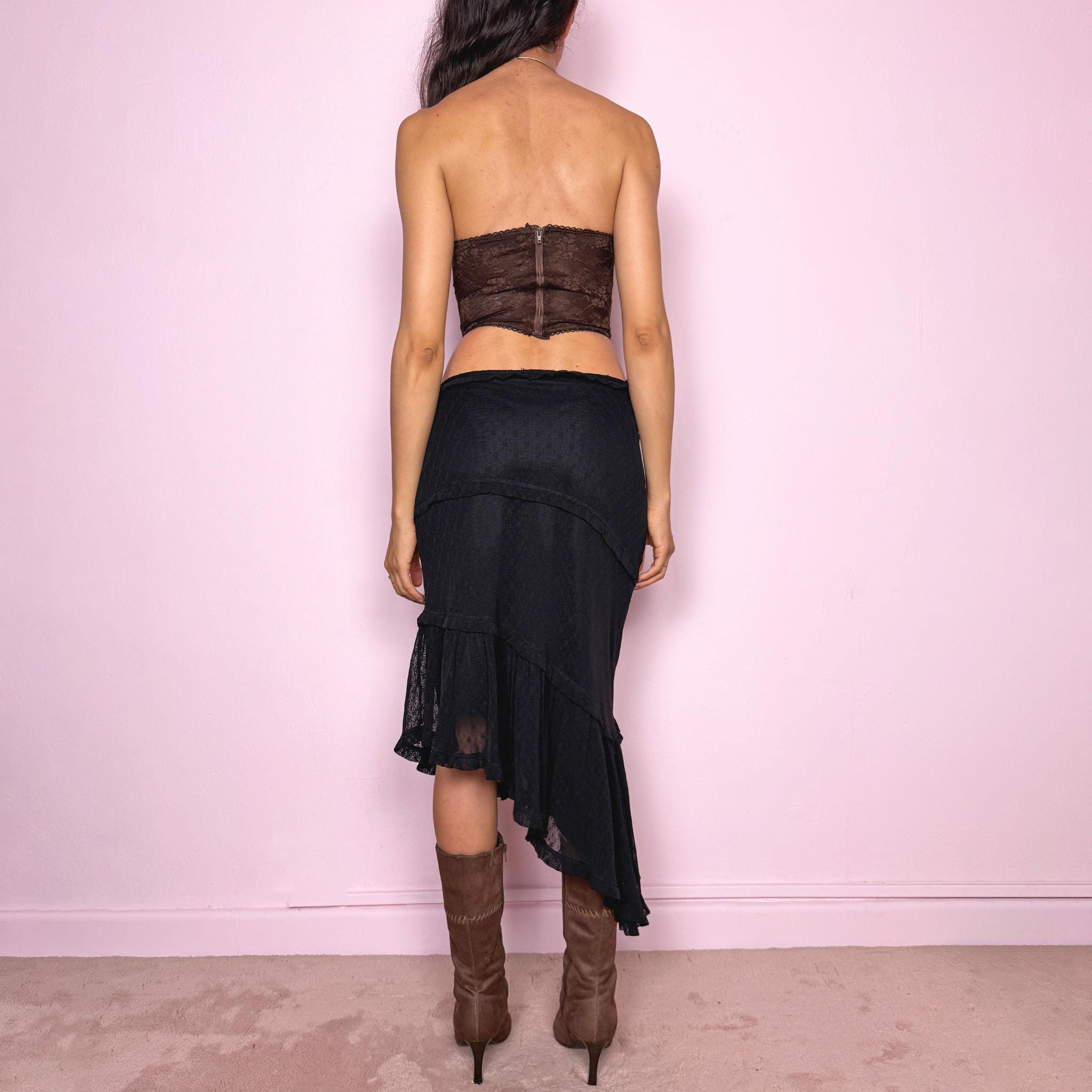 Vintage Y2K Moschino Skirt Black Lace Asymmetric Ruffle Midi Low Rise 2000s Size M