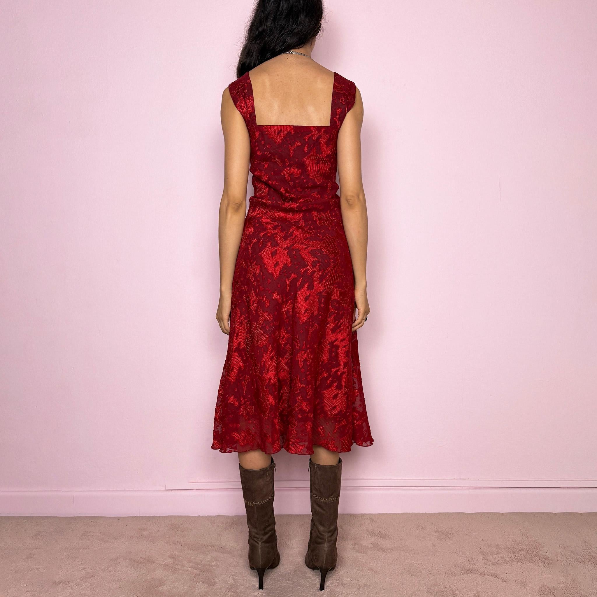 Vintage Y2K Red Dress Burgundy Textured Midi Evening Party 2000s Size L