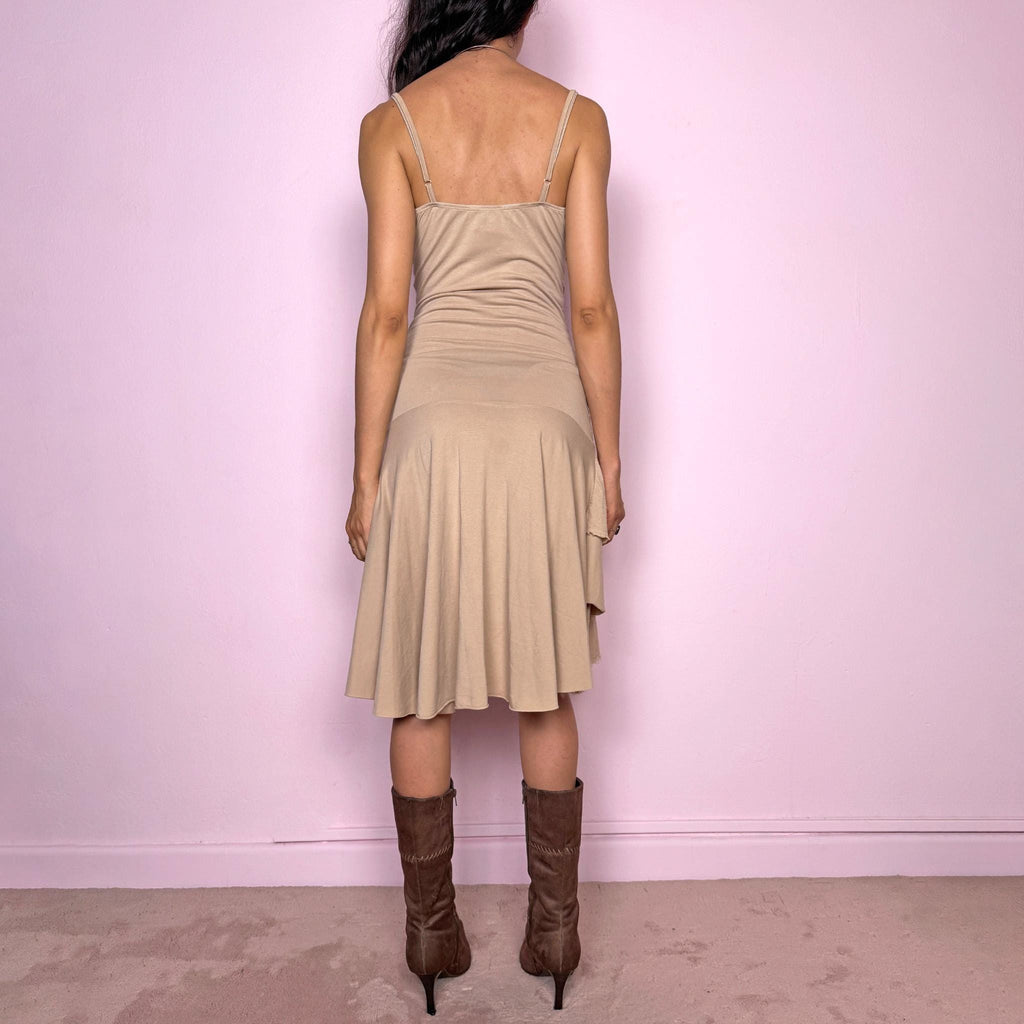 Vintage Y2K Midi Dress Beige Ruched Layered Boho Fairy Party 2000s Size M