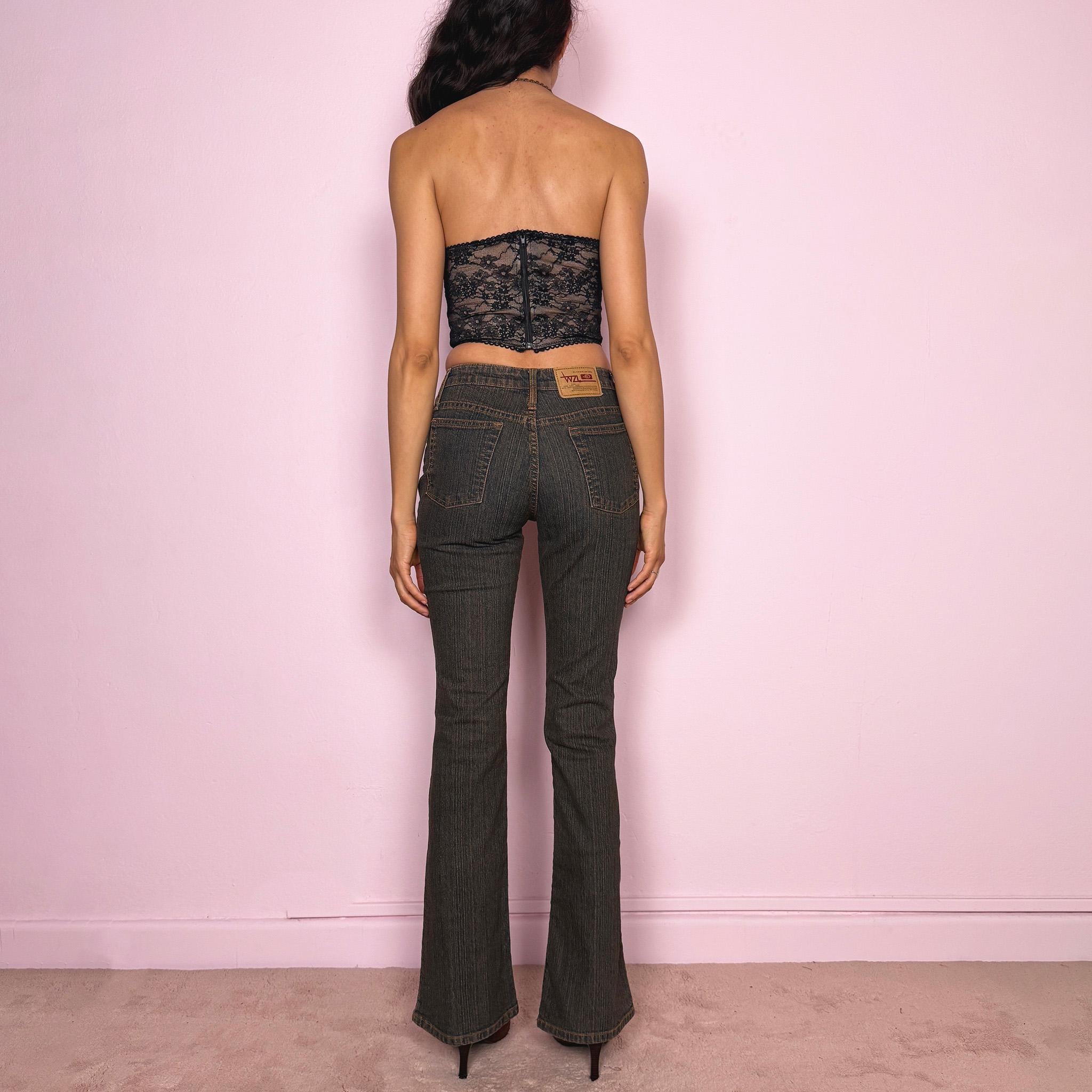 Vintage Y2K Flared Jeans Dark Wash Floral Embroidered Western 2000s Size XS