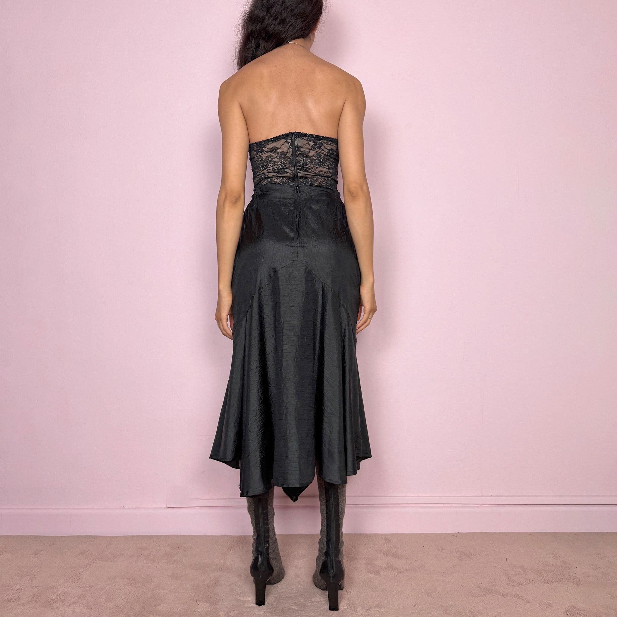 Vintage Black Midi Skirt Avant Garde Draped Velvet Party Goth 90s Y2K Size S