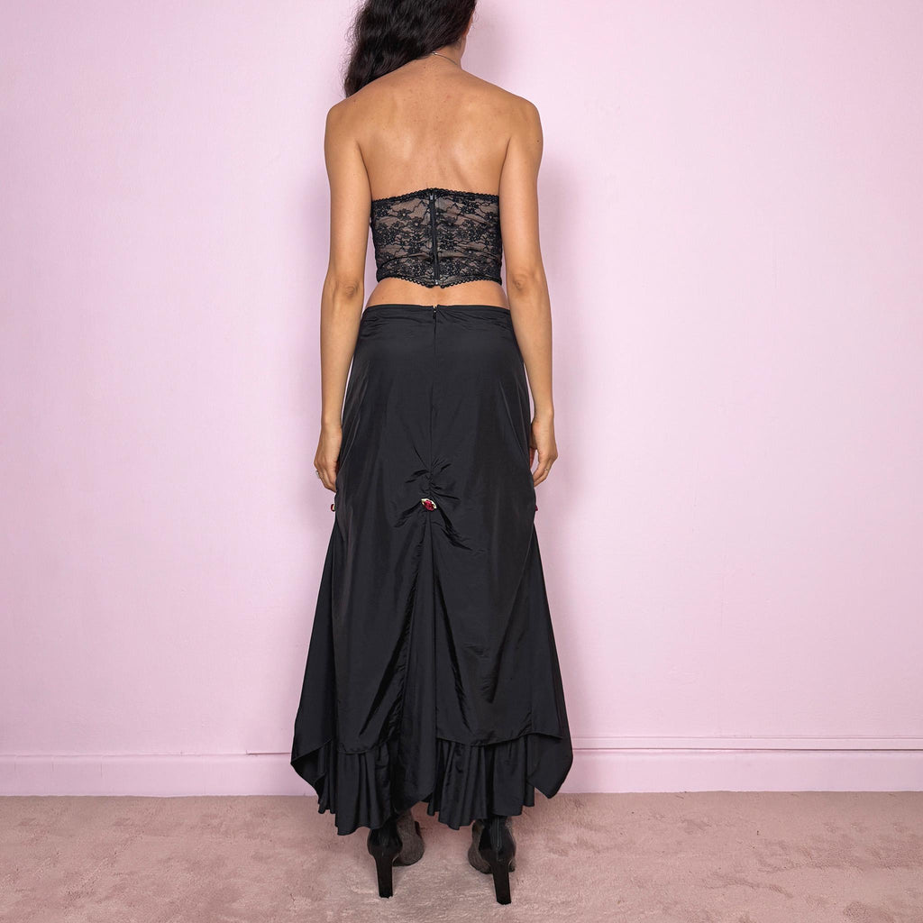 Vintage Black Midi Skirt Ruched Layered Avant Garde Party Goth Y2K Size M