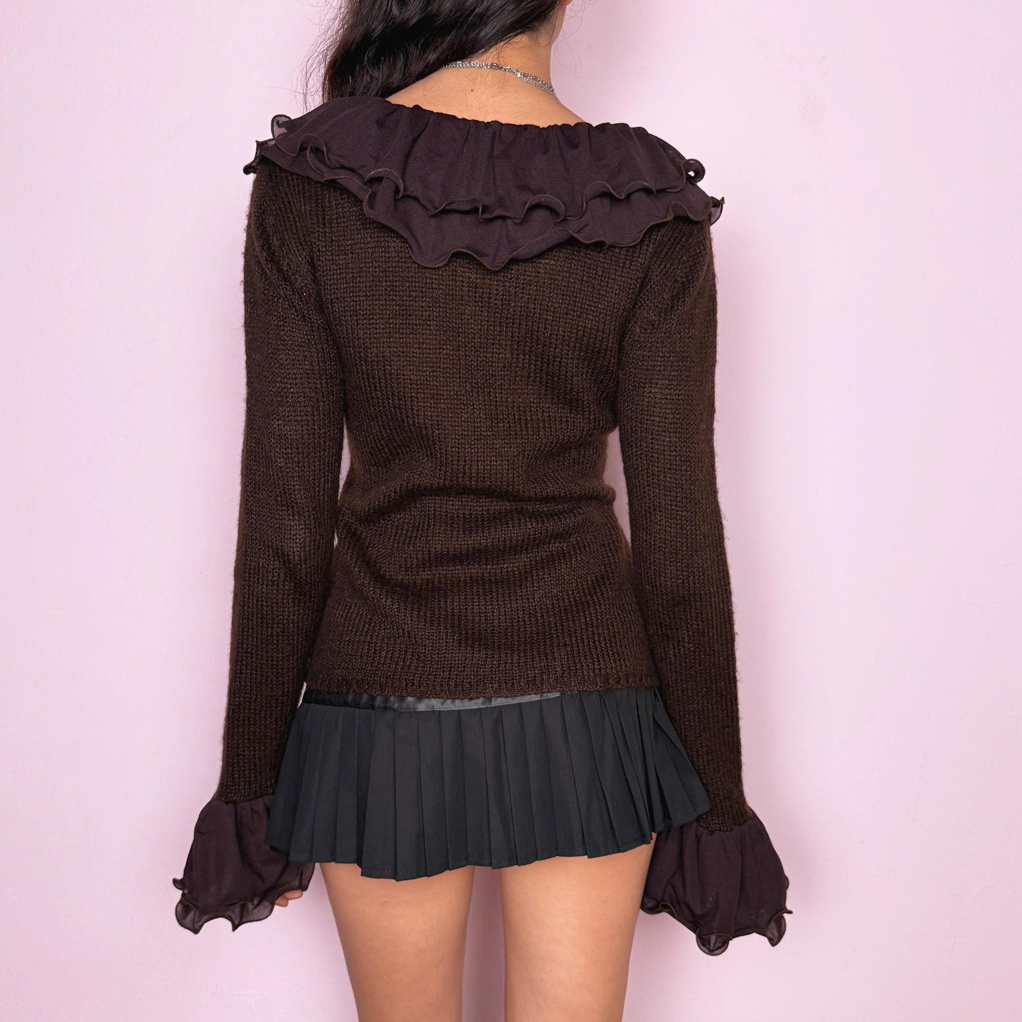 Vintage Y2K Brown Cardigan Ruffle Wool Bell Sleeve Fairy 2000s Size M