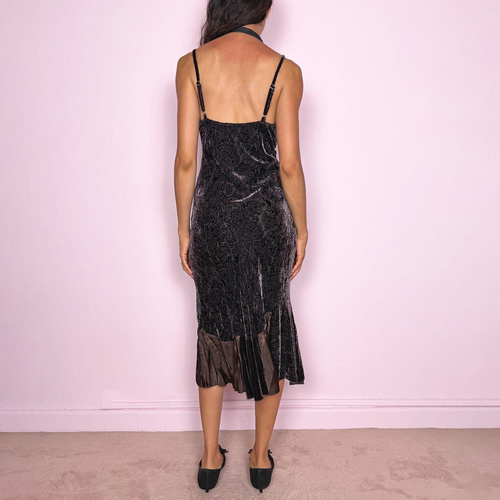 Vintage Brown Midi Dress Velvet Devore Burnout Silk Slip Party 90s Y2K Size M