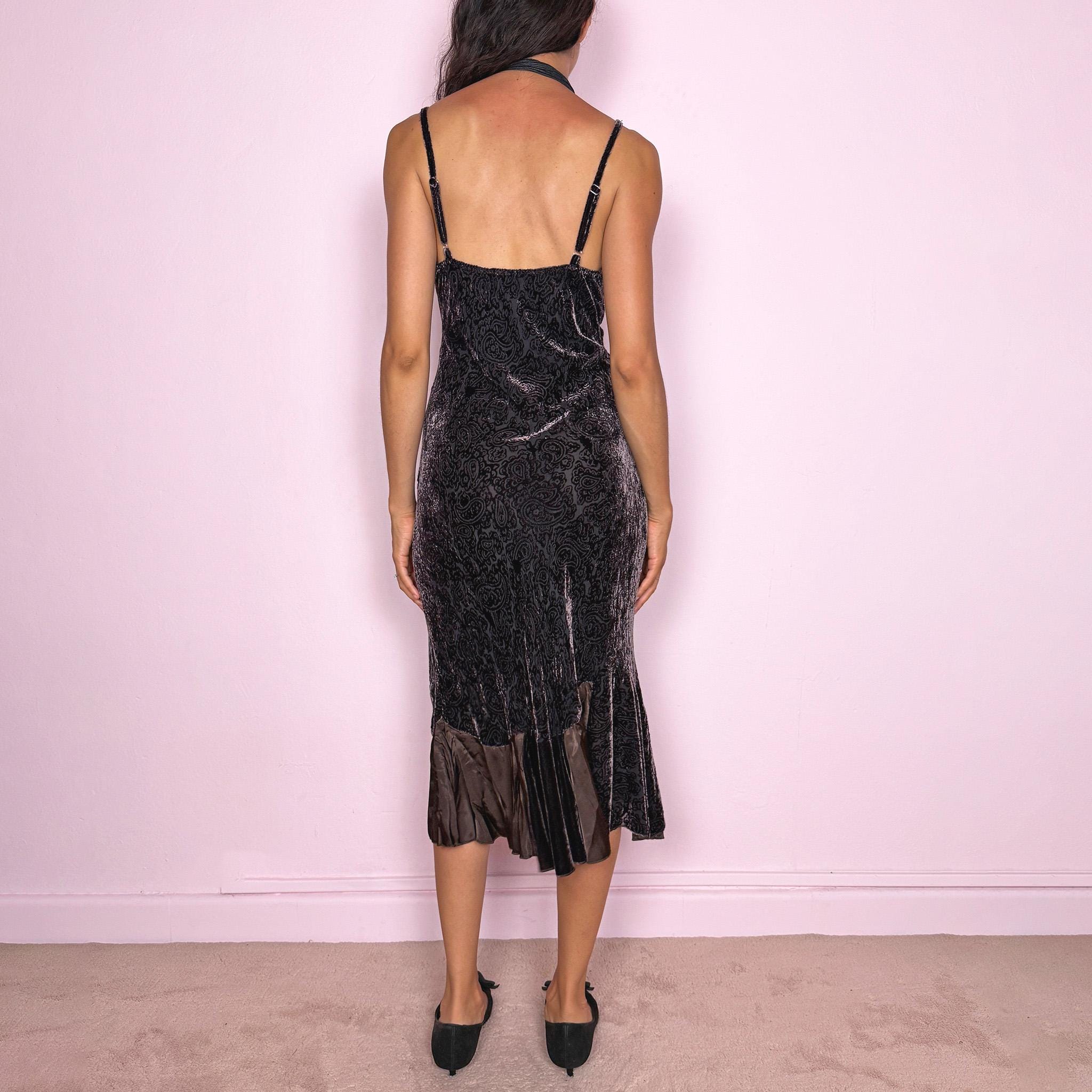 Vintage Brown Midi Dress Velvet Devore Burnout Silk Slip Party 90s Y2K Size M