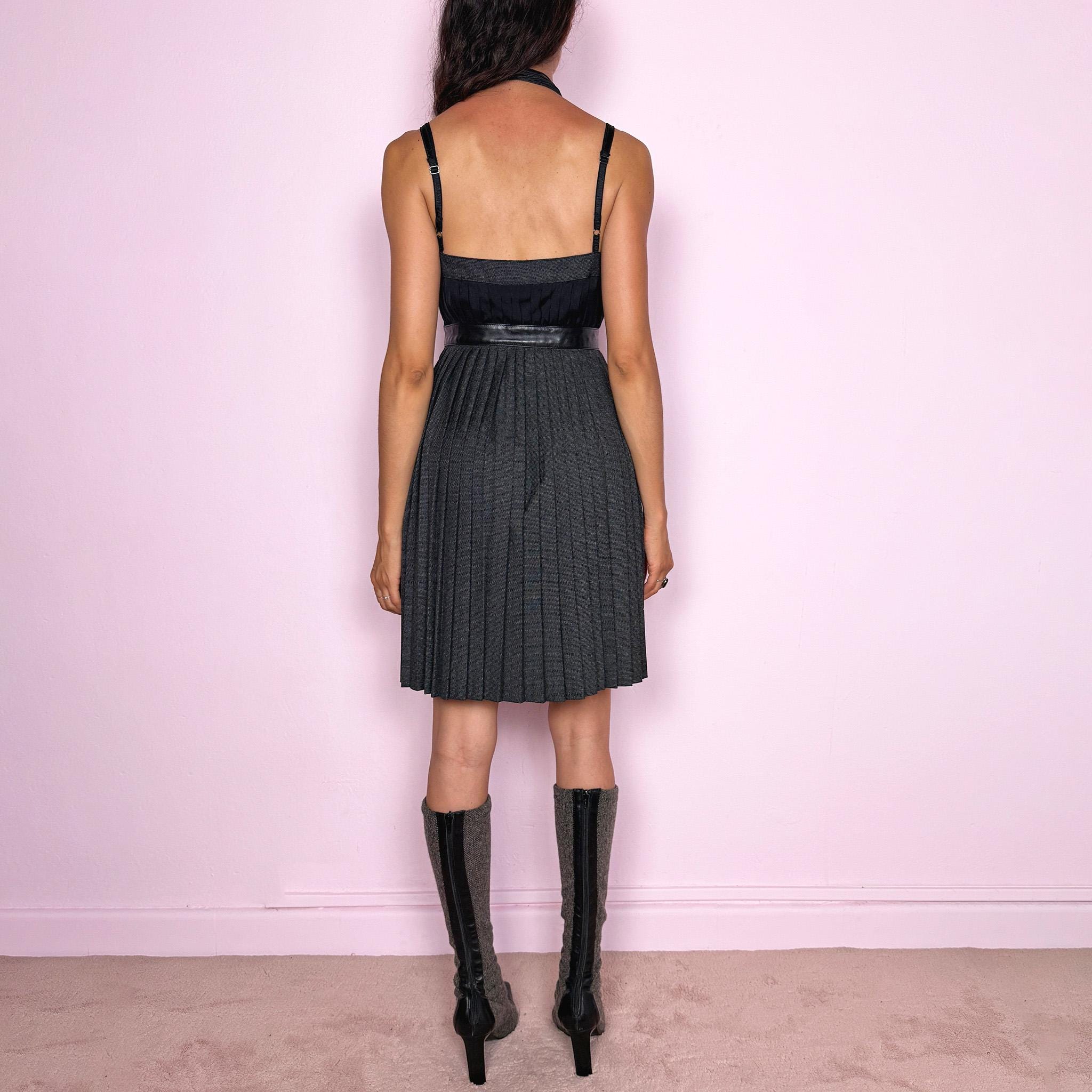 Vintage Gray Mini Dress Dolce Gabbana D&G Pleated Designer Formal Y2K 2000s Size S