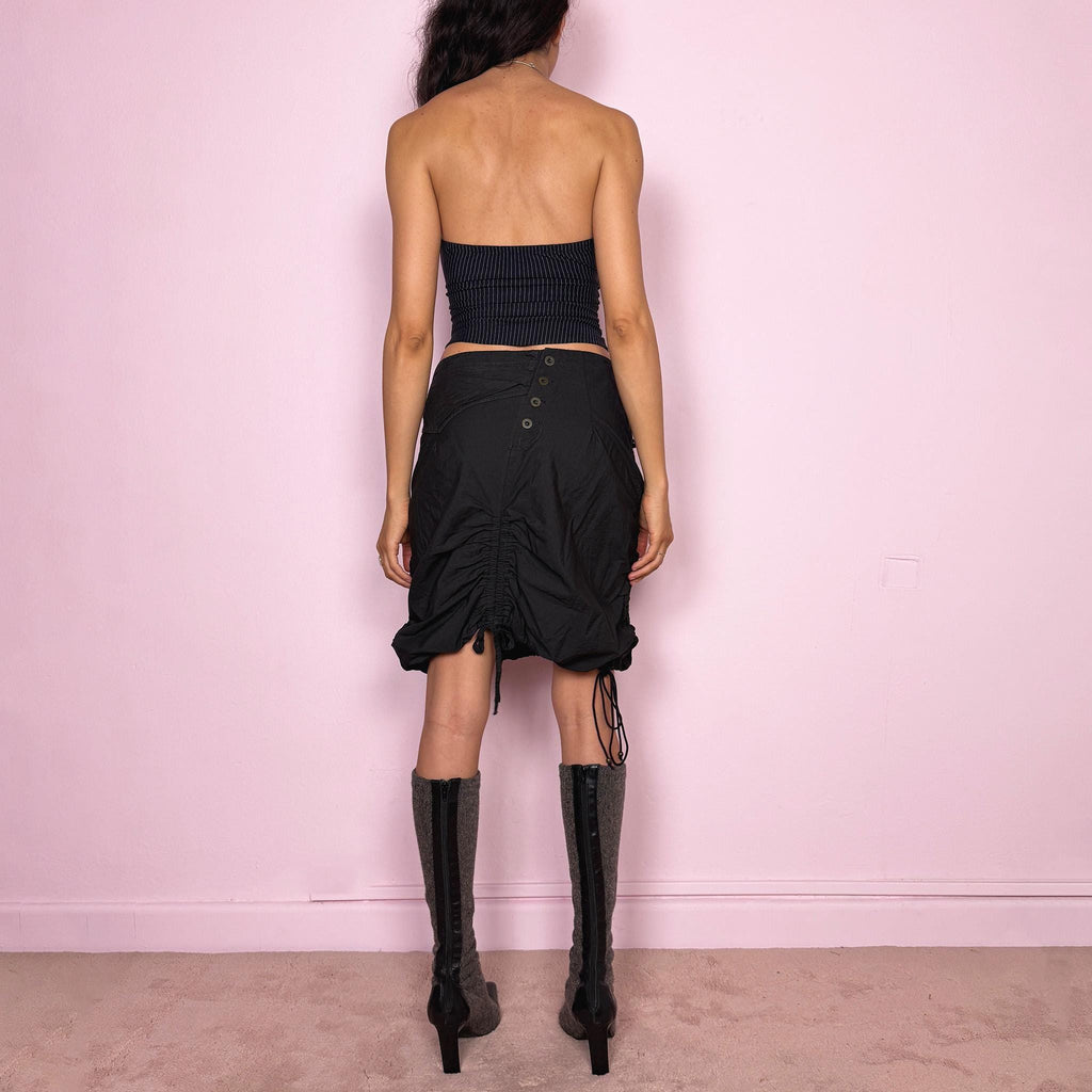 Vintage Black Ruched Mini Skirt Cotton Cyber Avant Garde Y2K 2000s Size S
