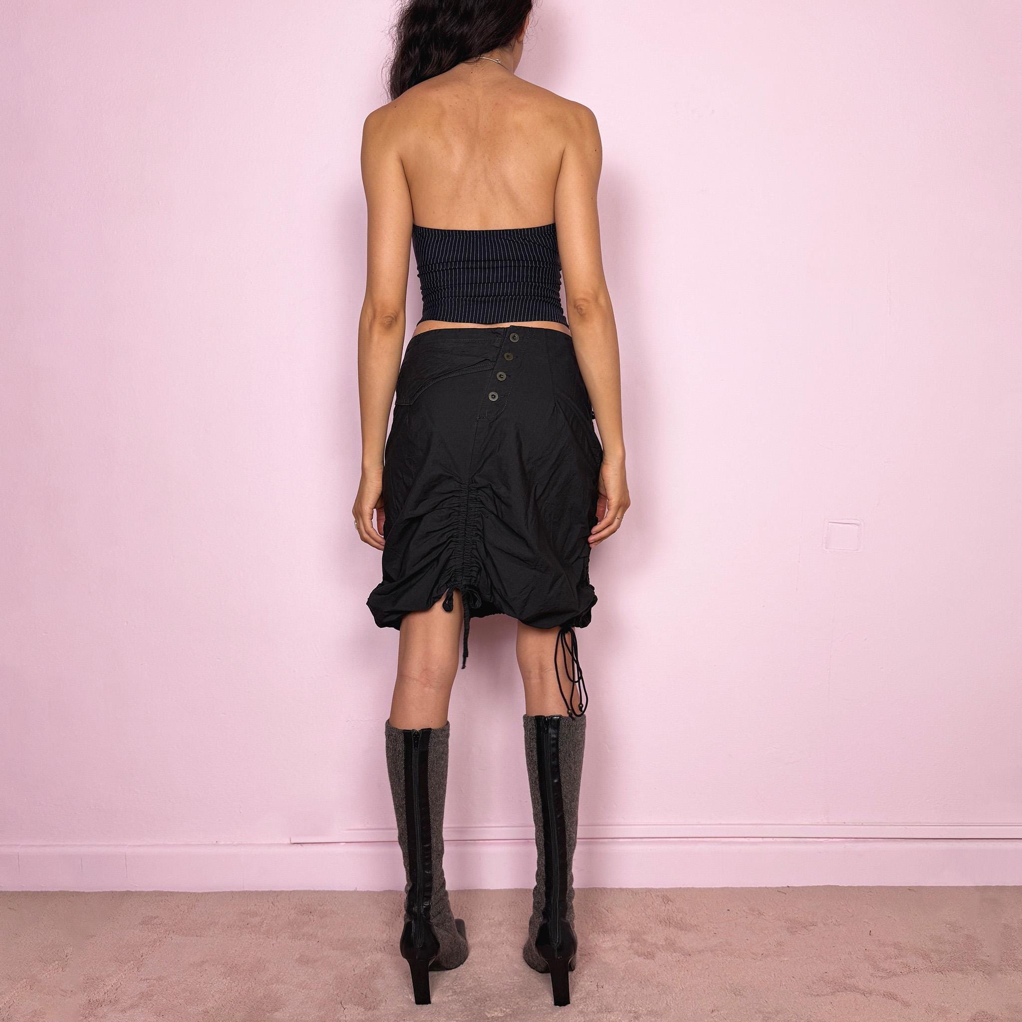 Vintage Black Ruched Mini Skirt Cotton Cyber Avant Garde Y2K 2000s Size S