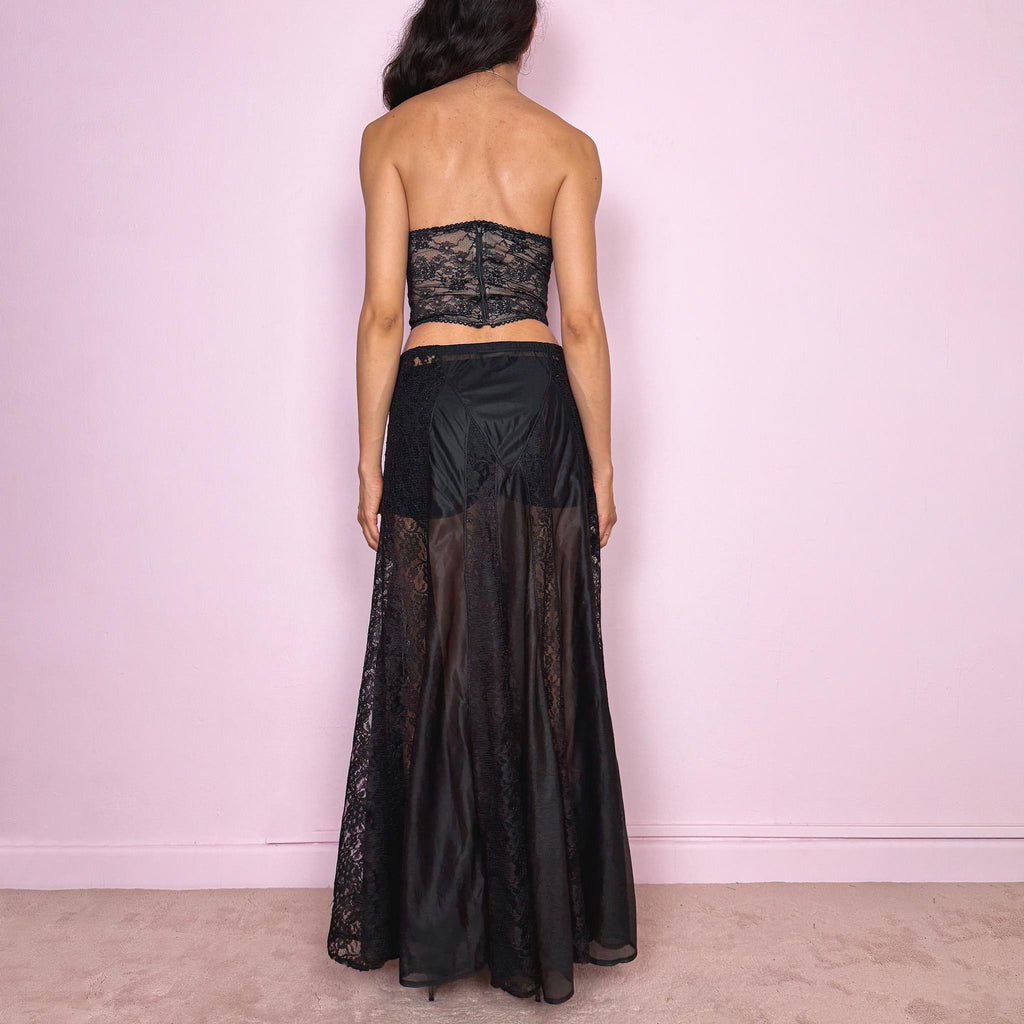 Vintage Black Maxi Skirt Sheer Lace Goth Party 90s Y2K Size M