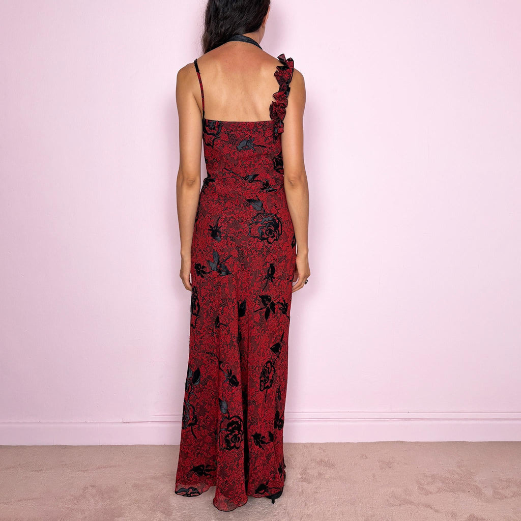 Vintage Red Maxi Dress Black Floral Ruffle Party 90s Y2K Size M
