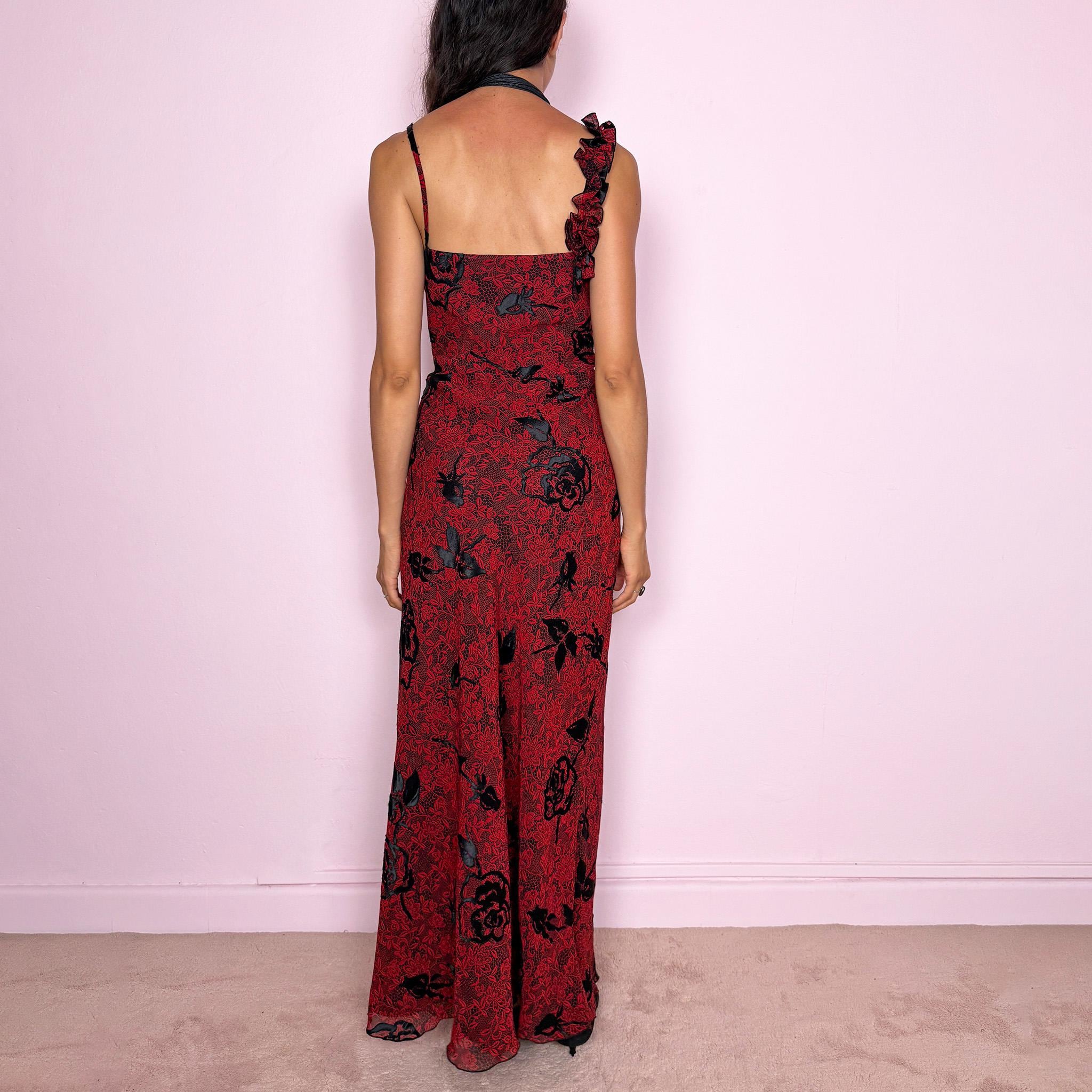 Vintage Red Maxi Dress Black Floral Ruffle Party 90s Y2K Size M