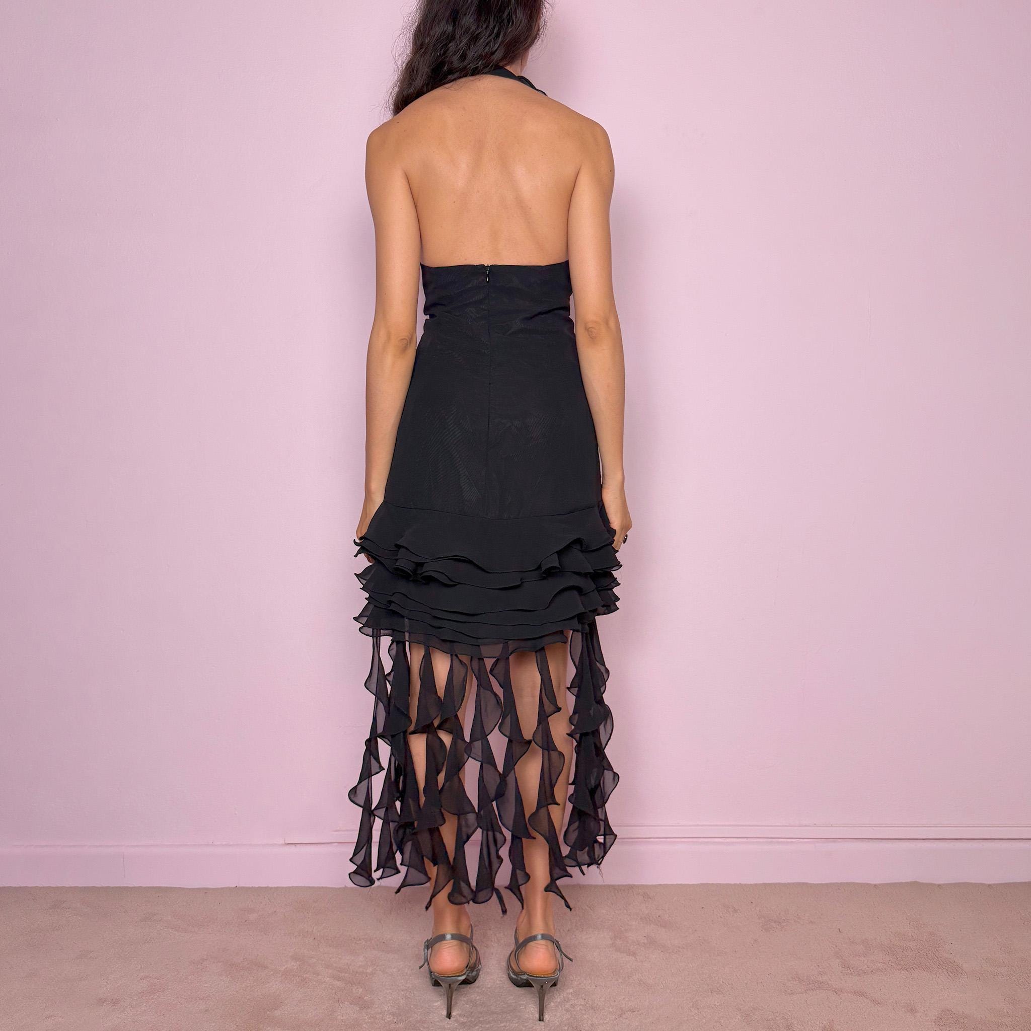 Vintage Black Halter Dress Ruffle Ruched Backless Chiffon Formal Party 90s 2000s Size S