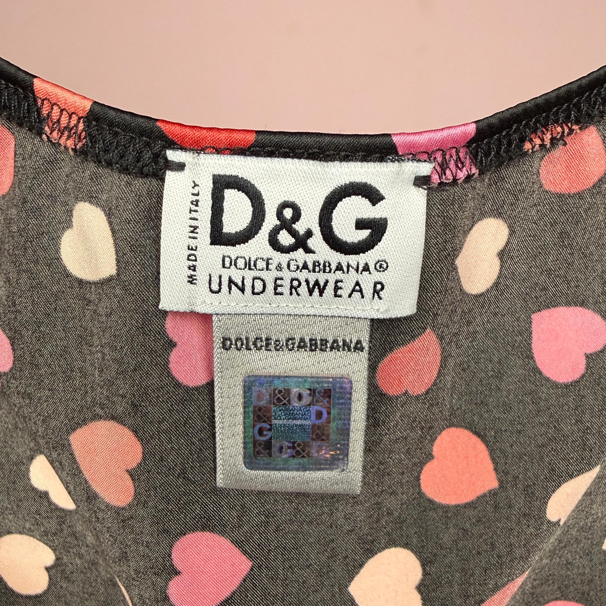Vintage Black Cami Top Dolce Gabbana D&G Heart Print Satin Lace Designer Y2K 2000s Size S