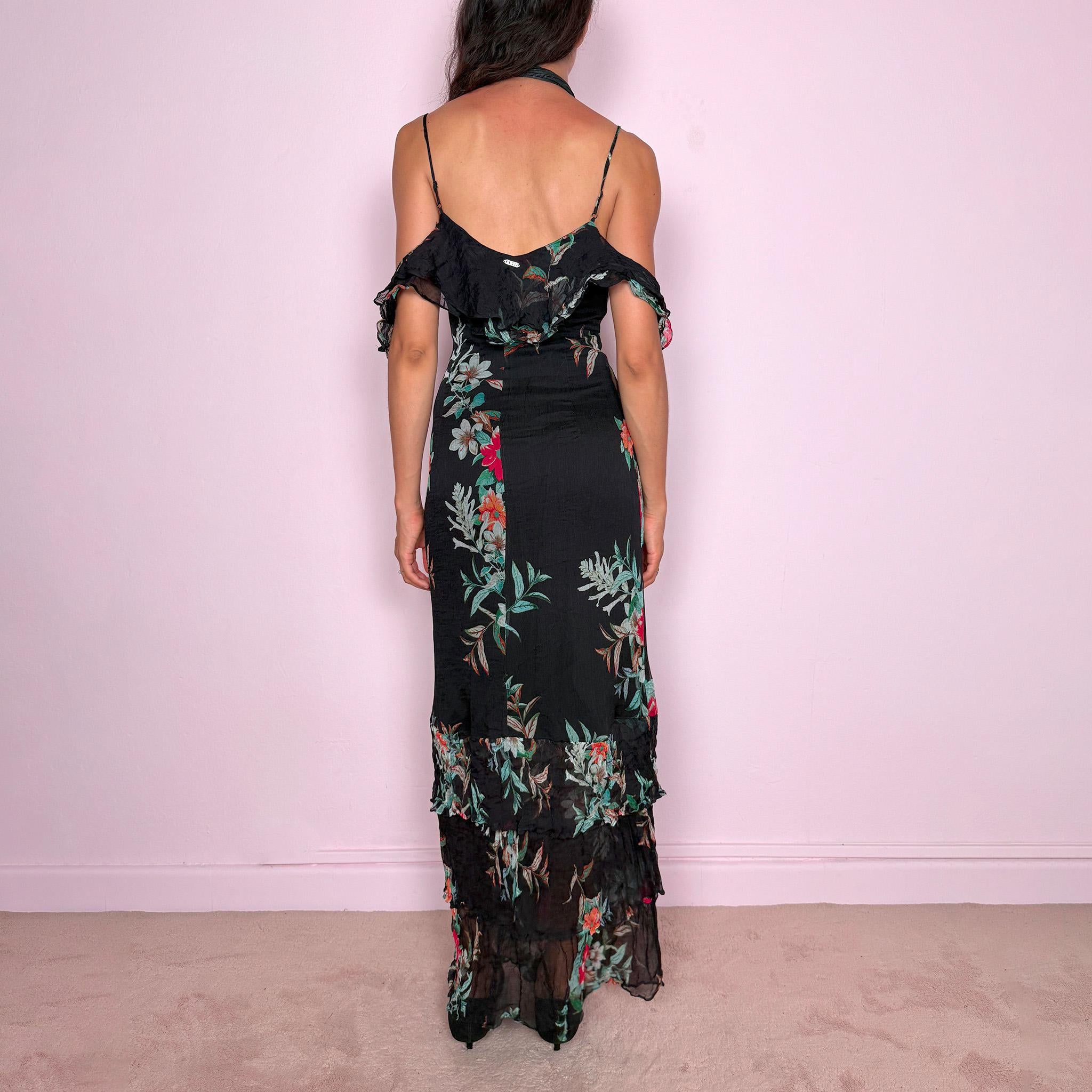 Vintage Black Maxi Dress Guess Floral Ruffle Designer Party Y2K 2000s Size S