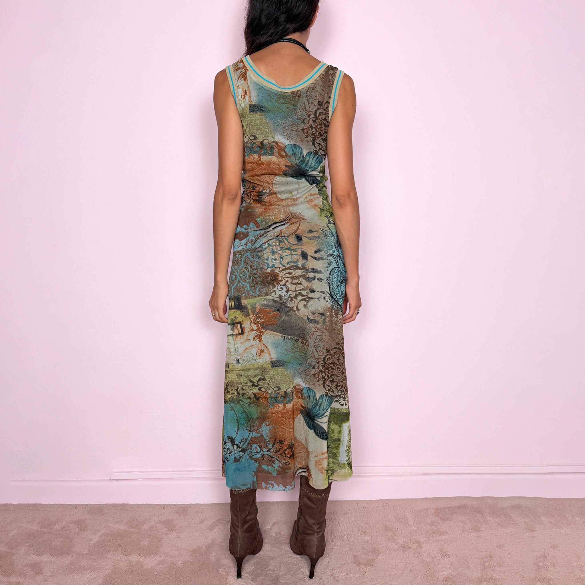 Vintage Mesh Midi Dress Graphic Art Print Sheer Maximalist Y2K 2000s Size M