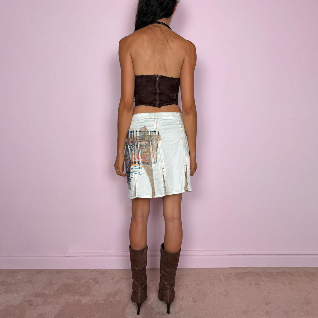 Vintage White Mini Skirt Patchwork Art Deconstructed Avant Garde Y2K 2000s Size M
