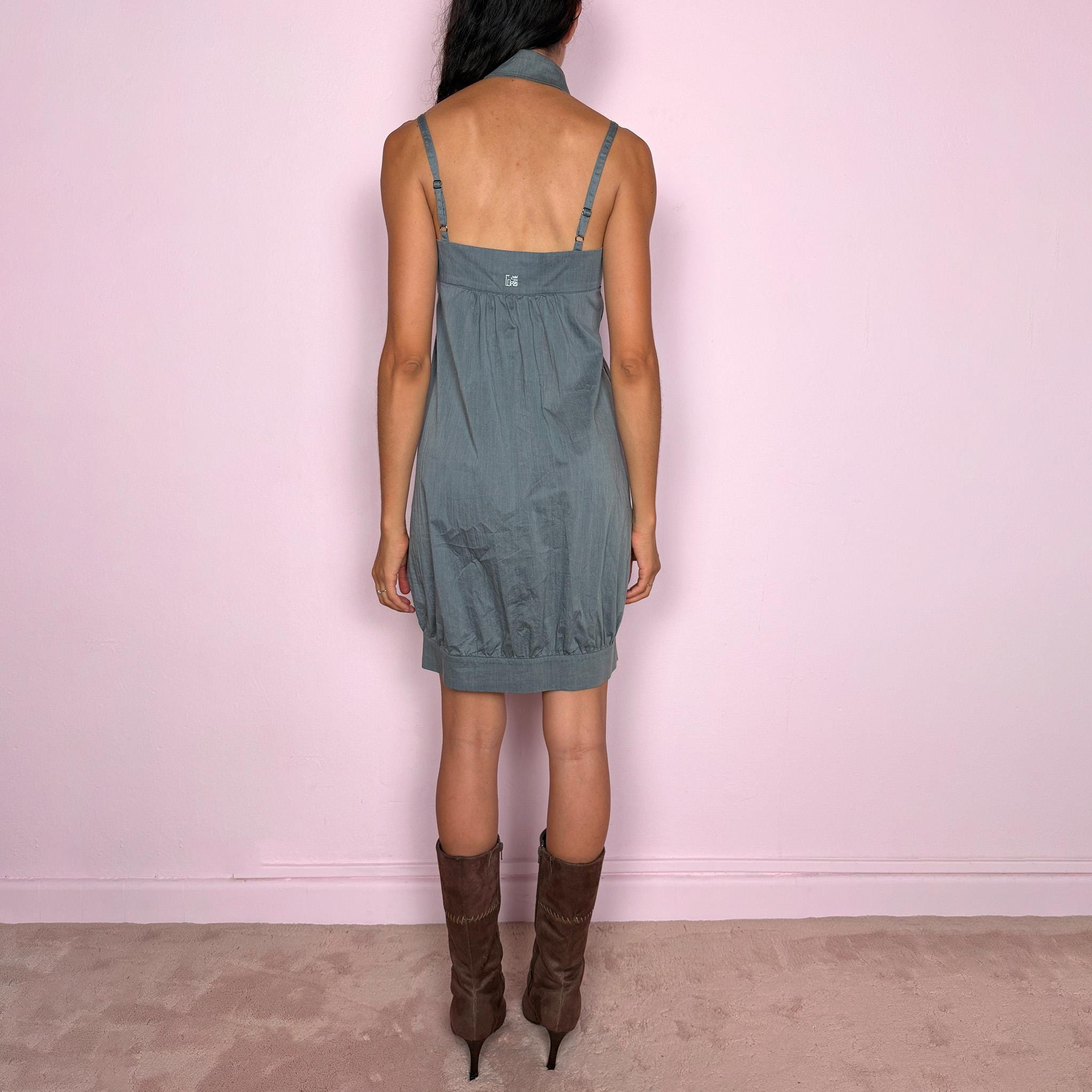 Vintage Gray Mini Dress Cop Copine Collar Bow Tie Bubble Y2K 2000s Size S