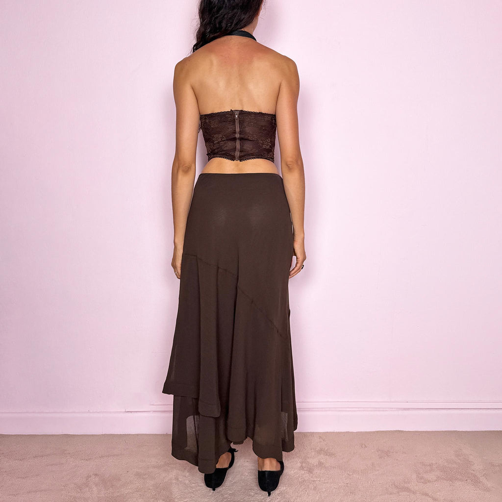 Vintage Brown Skirt Alberta Ferretti Wool Layered Asymmetric Designer Y2K 2000s Size S