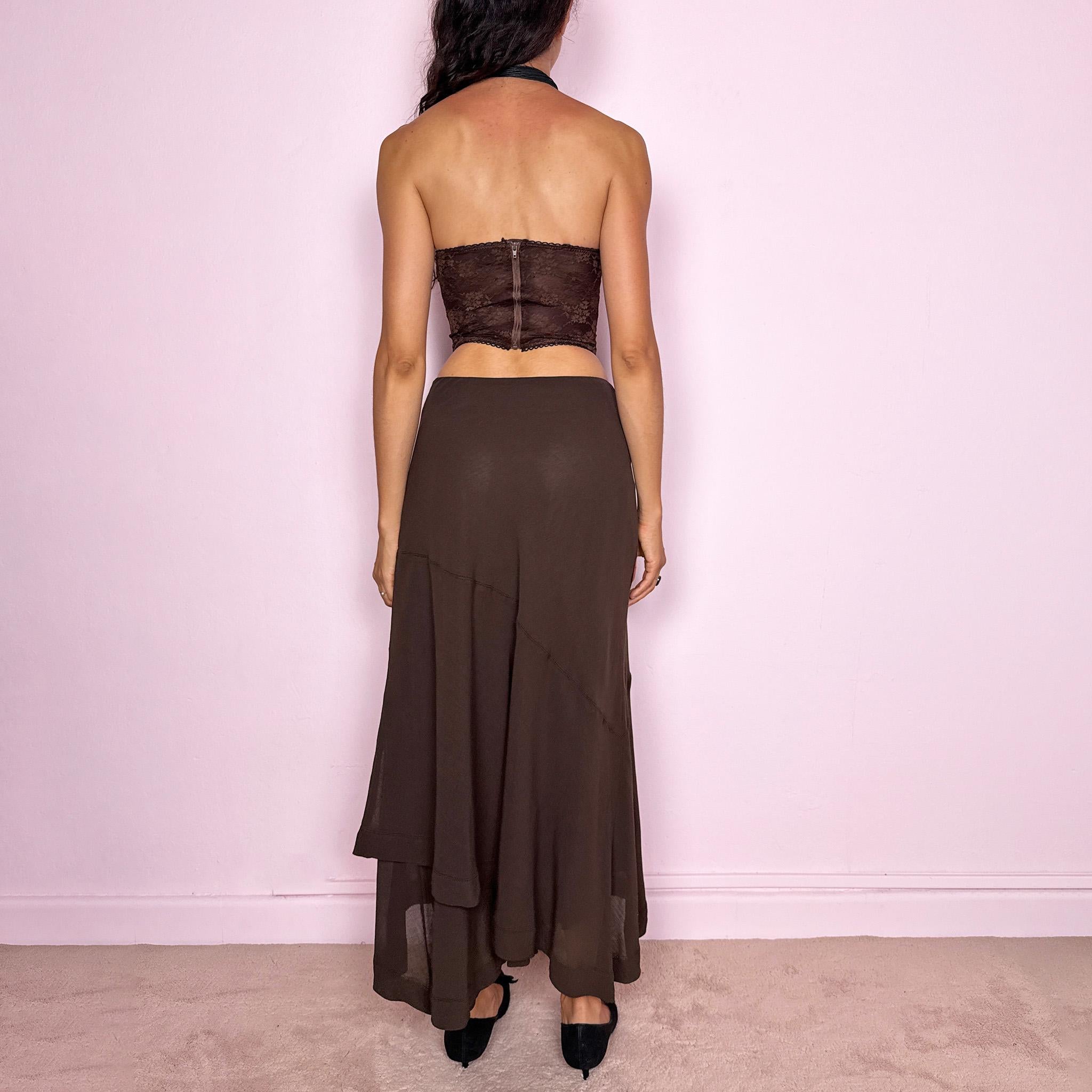 Vintage Brown Skirt Alberta Ferretti Wool Layered Asymmetric Designer Y2K 2000s Size S