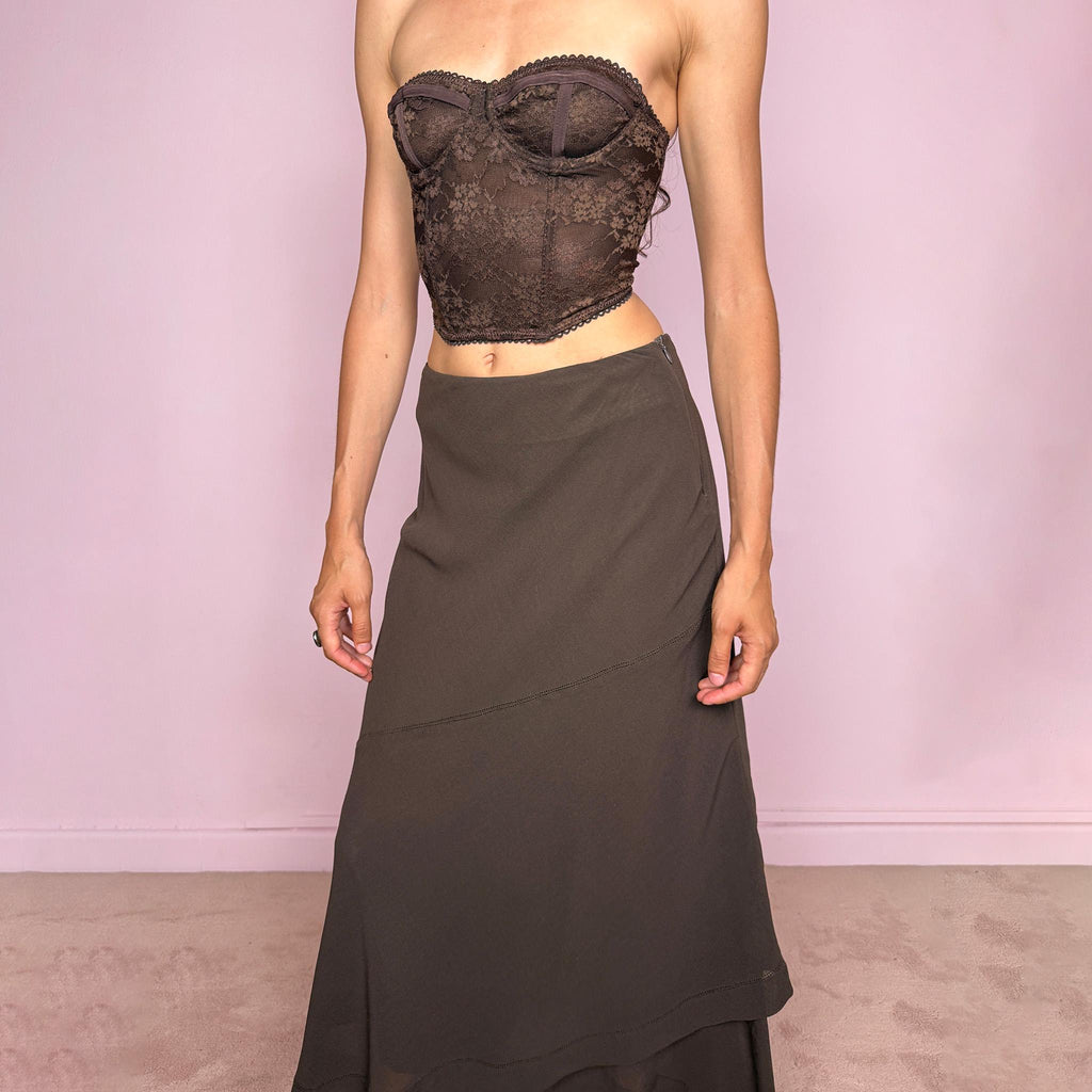 Vintage Brown Skirt Alberta Ferretti Wool Layered Asymmetric Designer Y2K 2000s Size S