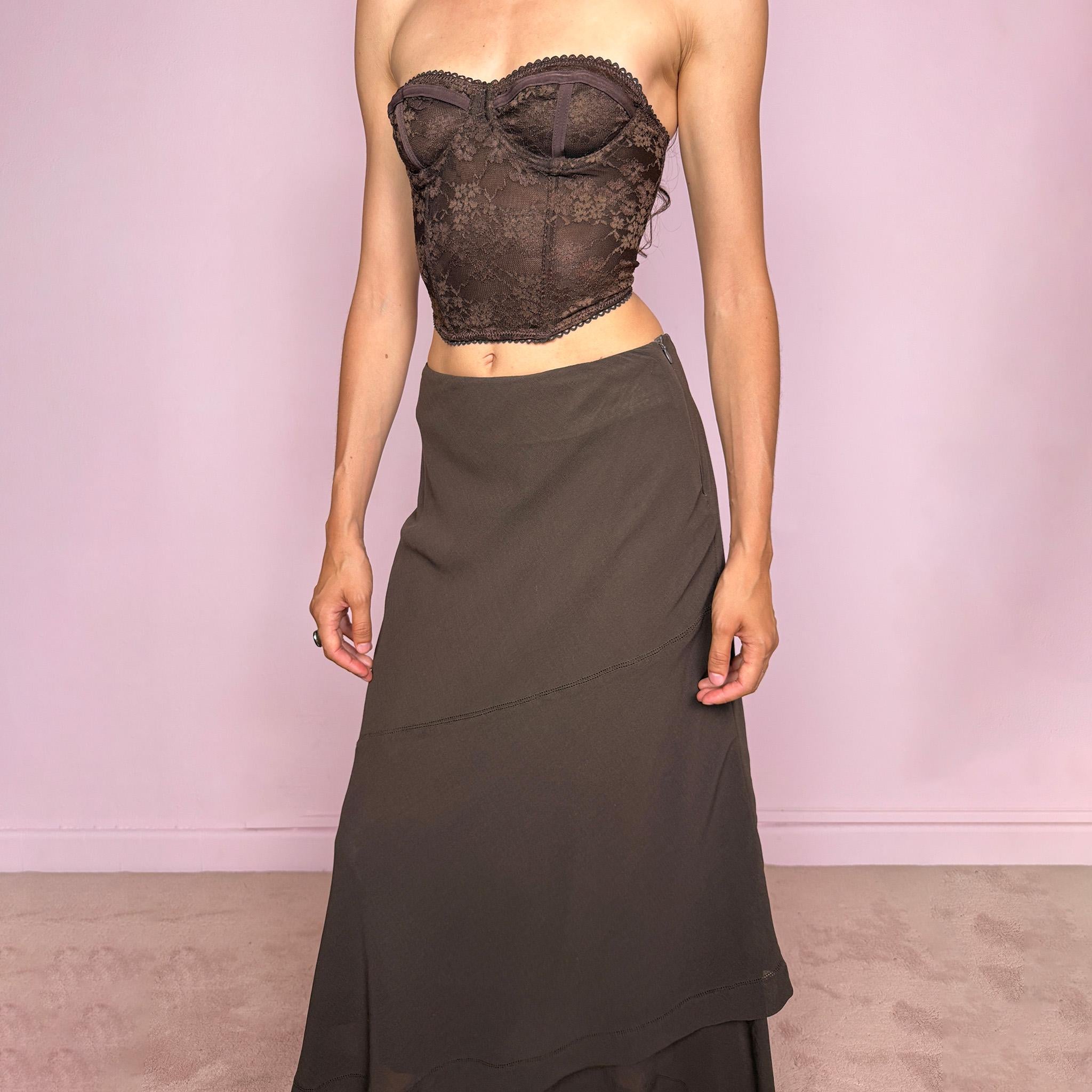 Vintage Brown Skirt Alberta Ferretti Wool Layered Asymmetric Designer Y2K 2000s Size S