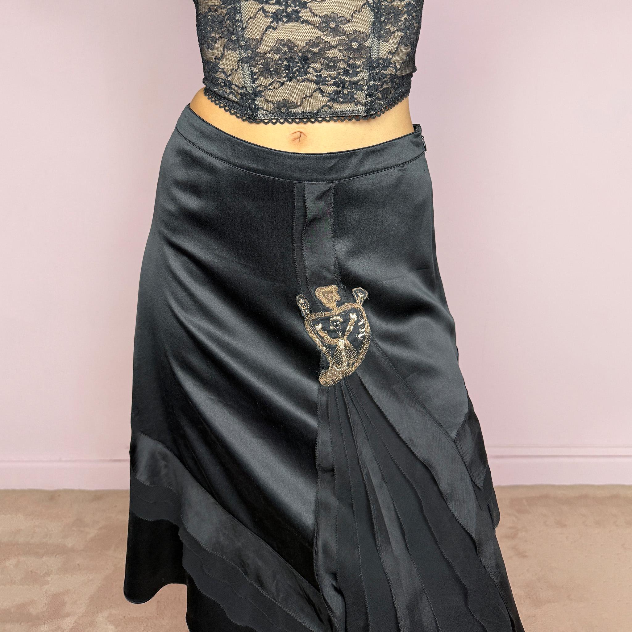 Vintage Black Midi Skirt Kenzo Silk Satin Designer Formal Y2K 2000s Size S
