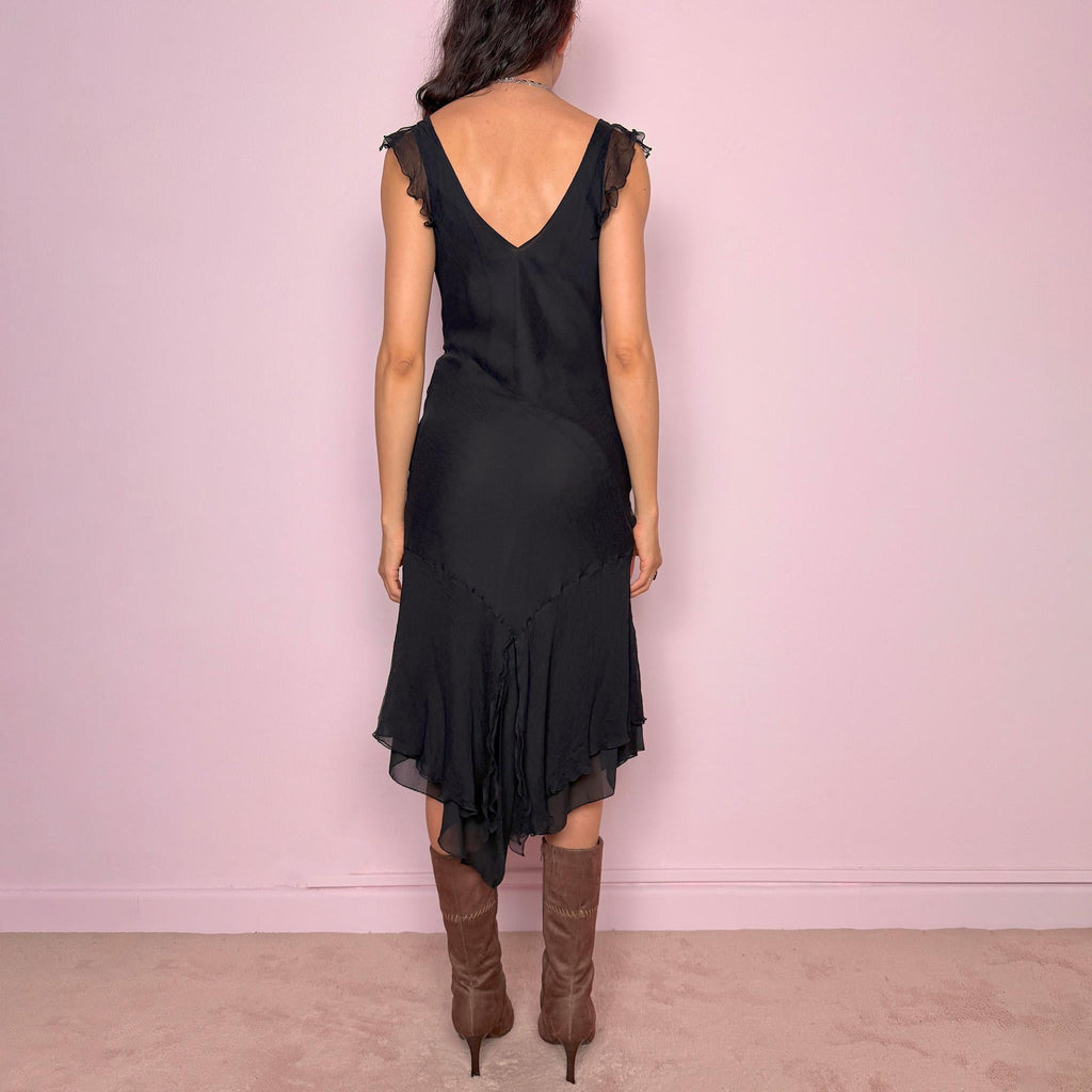 Vintage Black Midi Dress Draped Cowl Asymmetric Layered Formal Party Y2K 2000s Size S