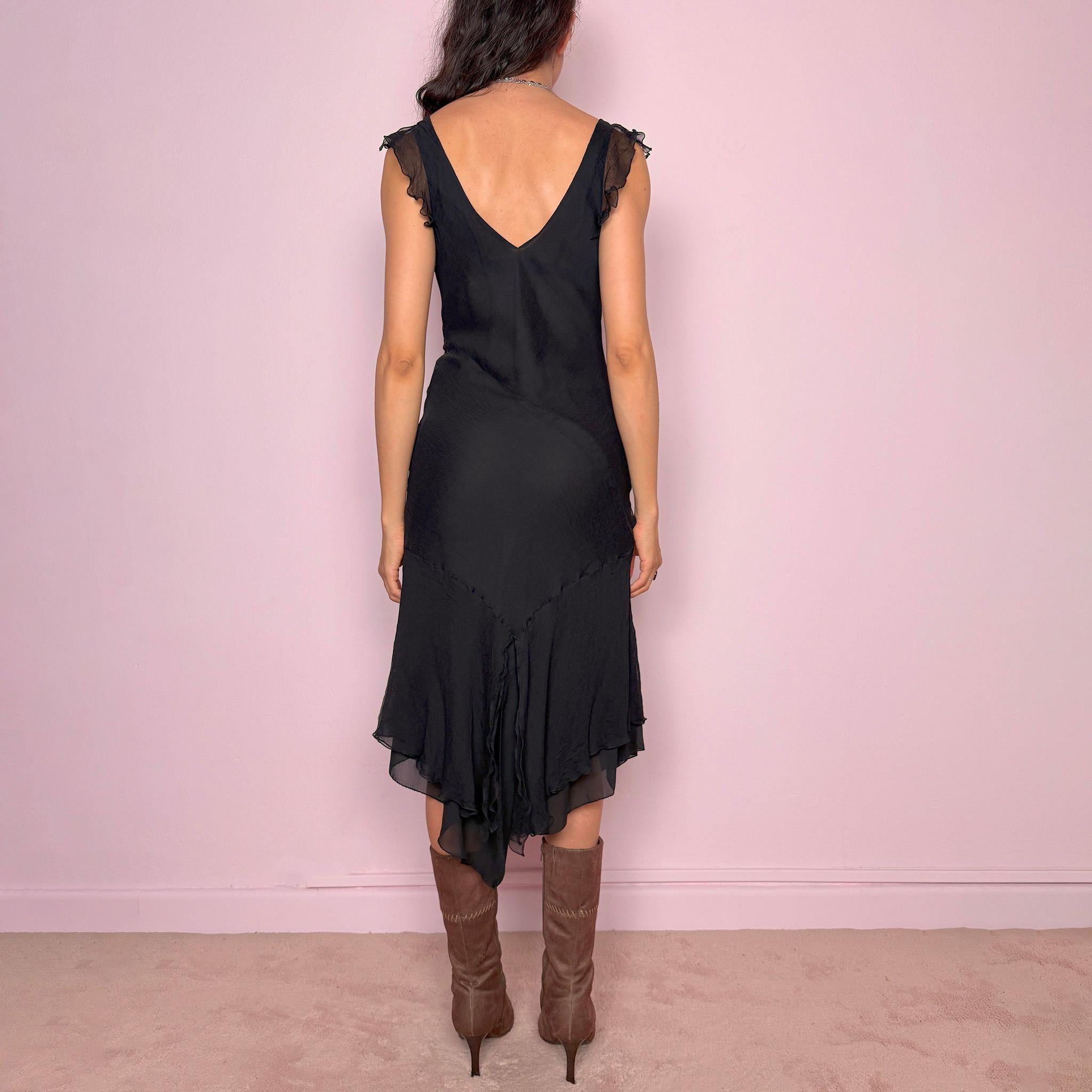 Vintage Black Midi Dress Draped Cowl Asymmetric Layered Formal Party Y2K 2000s Size S