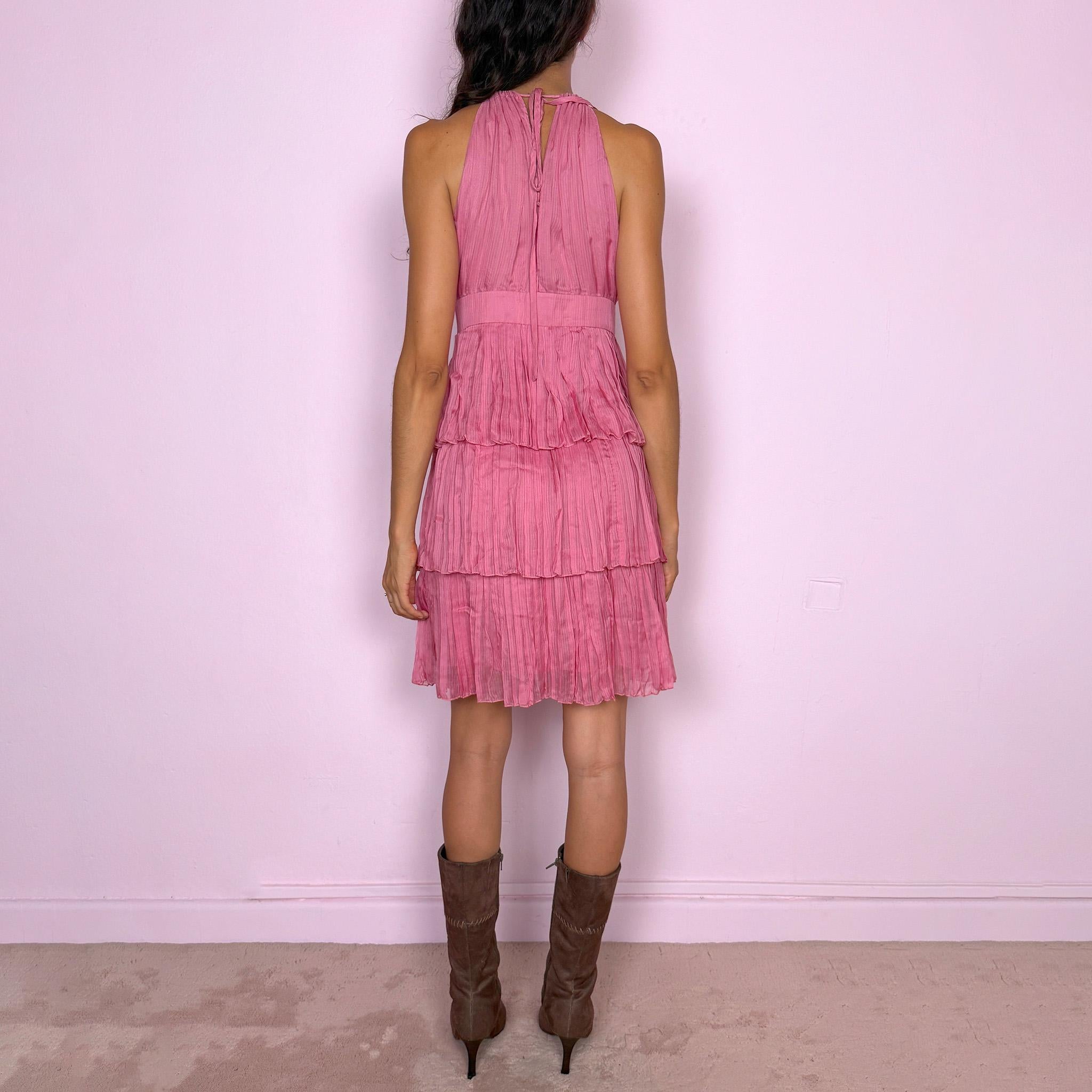 Vintage Pink Mini Dress Miss Sixty Tiered Halter Ruffle Summer Y2K 2000s Size M