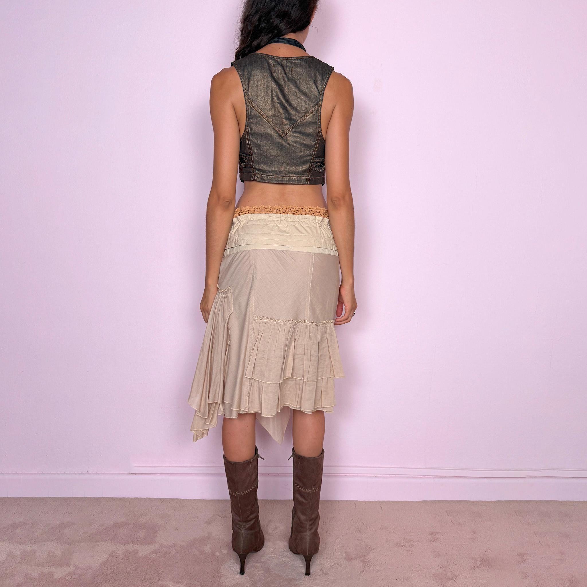 Vintage Beige Midi Skirt Asymmetric Cotton Lace Up Fairy Summer Y2K 2000s Size S