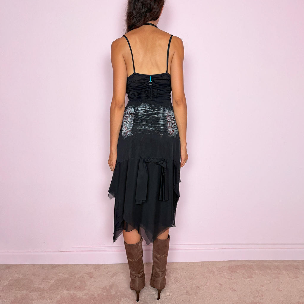 Vintage Black Midi Dress Save The Queen Asymmetric Mesh Sheer Party Y2K 2000s Size S