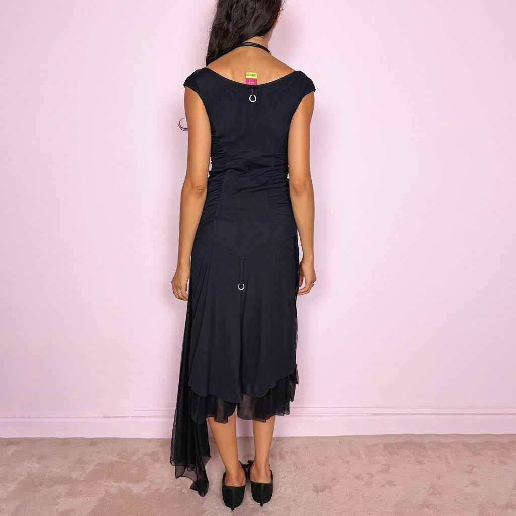 Vintage Black Midi Dress Save The Queen Mesh Draped Asymmetric Party Y2K 2000s Size S