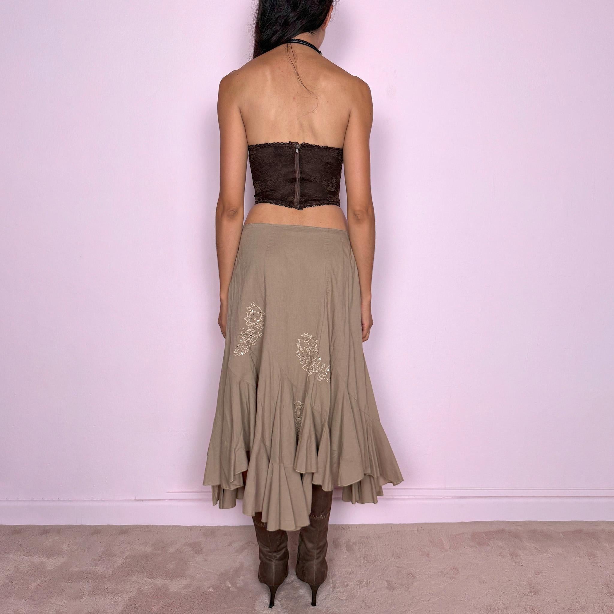 Vintage Beige Midi Skirt Asymmetric Cotton Boho Fairy Summer Y2K 2000s Size M