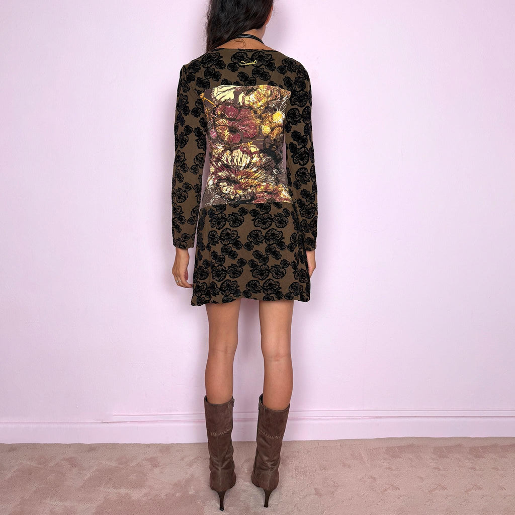 Vintage Brown Mini Dress Flocked Art Graphic Maximalist Y2K 2000s Size S