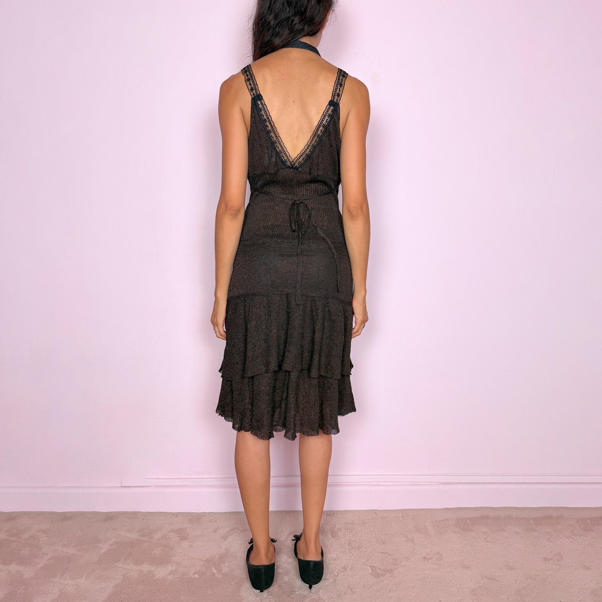 Vintage Brown Midi Dress Bronze Shimmer Ruffle Tie Back Party Y2K 2000s Size S