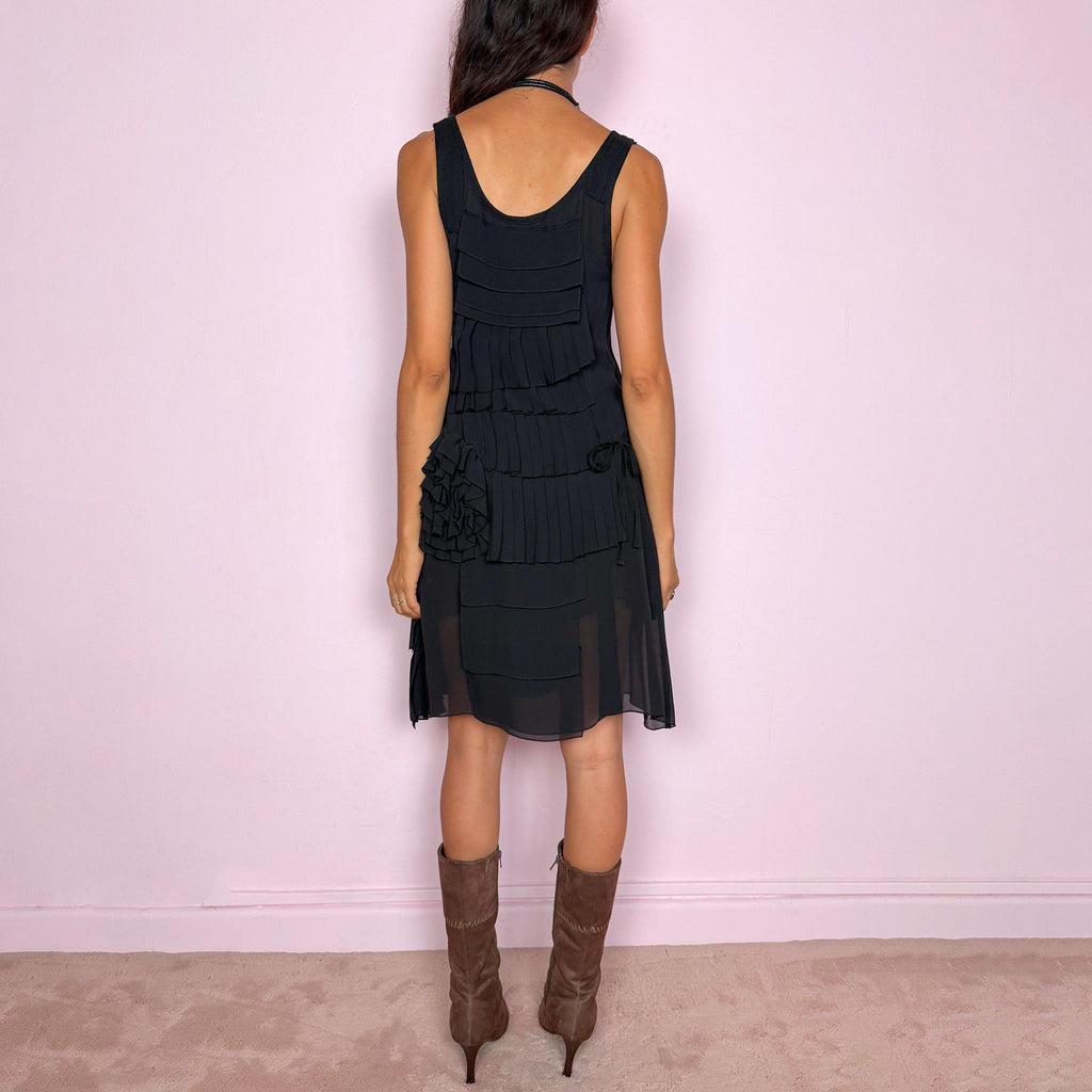 Vintage Black Midi Dress Silk Rosette Deconstructed Avant Garde Y2K 2000s Size S