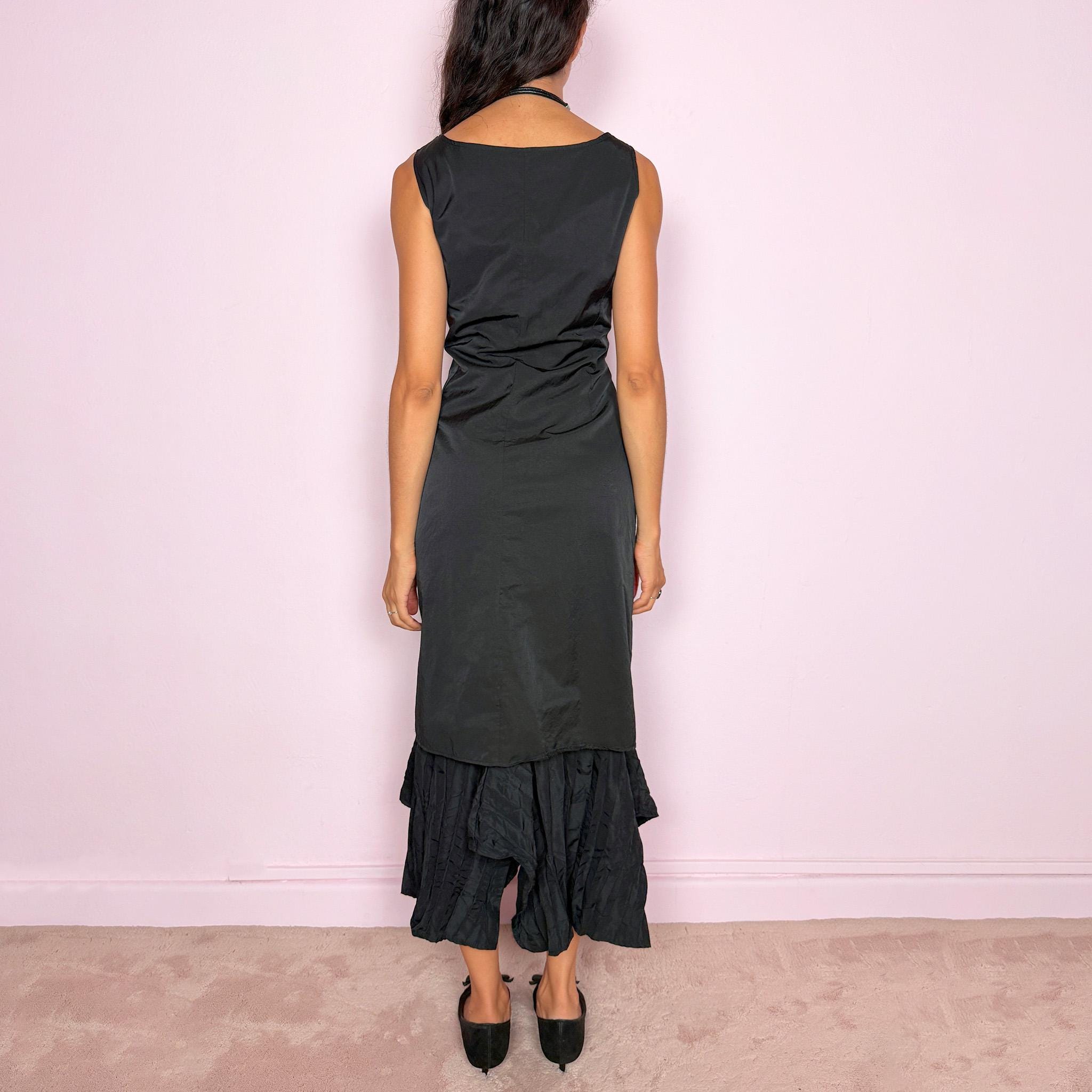 Vintage Black Midi Dress Asymmetric Ruffle Deconstructed Avant Garde Y2K 2000s Size M